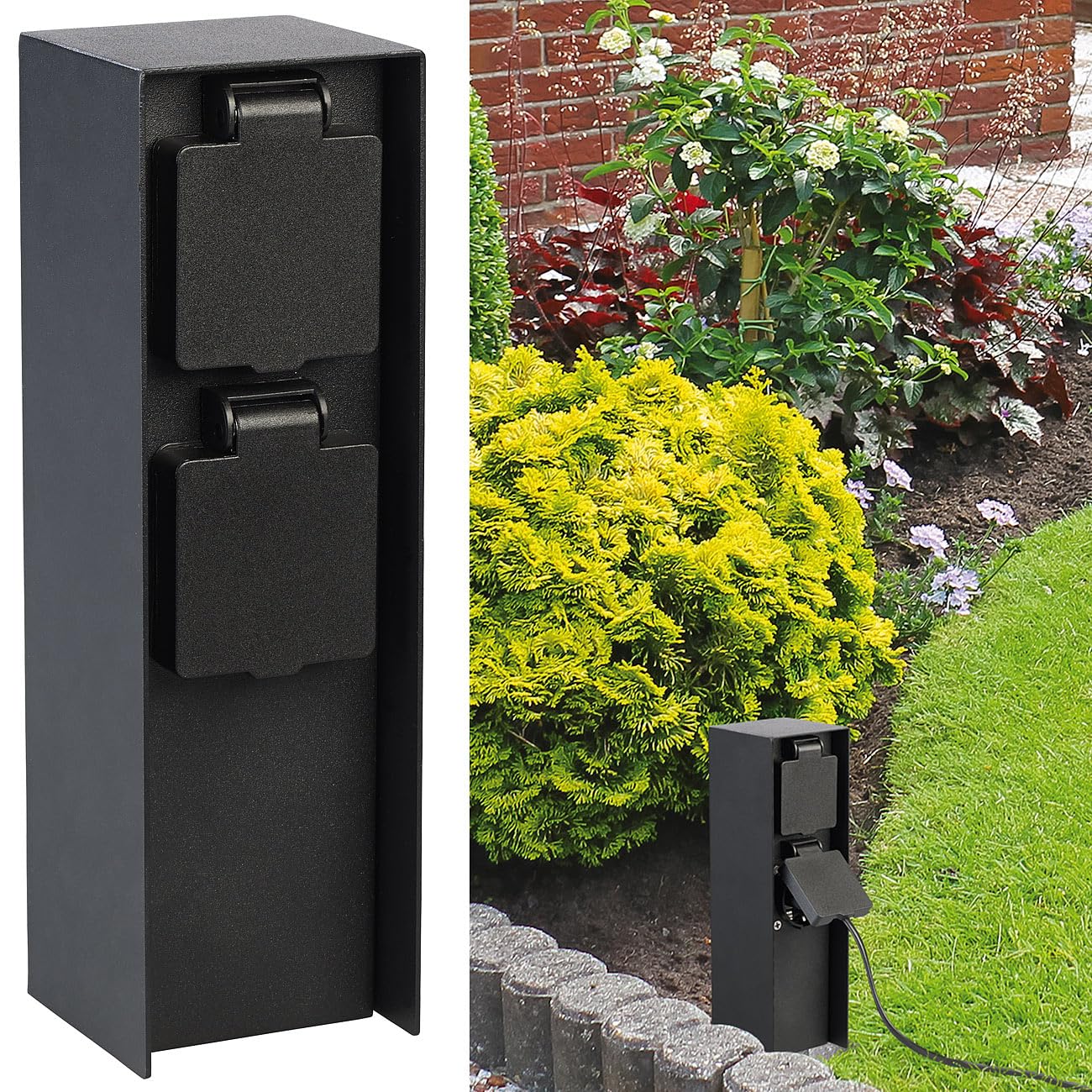 Royal Gardineer Garten-Steckdosen-Säulen: 2er-Set 2-fach-Garten-Steckdosen, Edelstahl, 230 V, bis 3.680 W, IP44 (Outdoor-Steckdosensäule, Aussensteckdosen Säulen, Netzkabel)