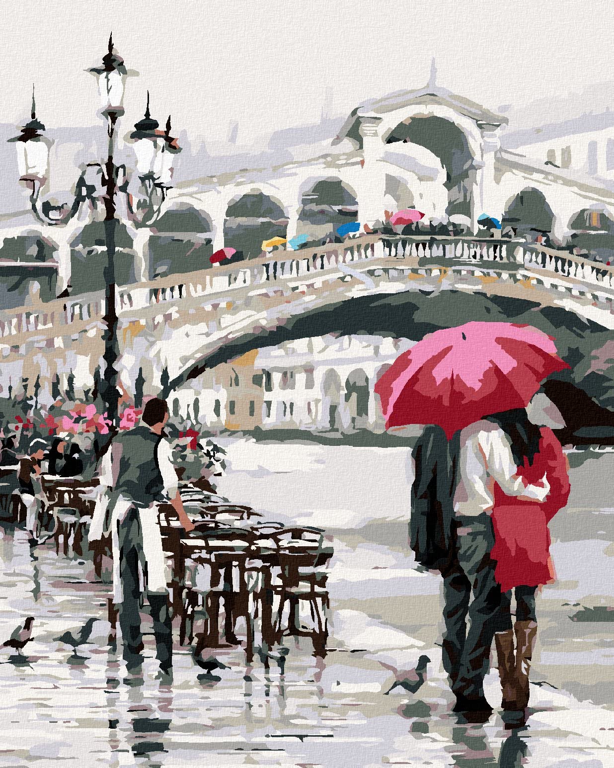 Malowanie według liczb – Liczymy z parasolem przeciwdeszczowym na mostku (Richard Macneil) 80 x 100 cm z blejtramem (już napięty)