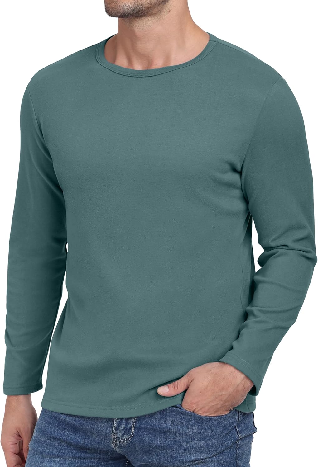 Hisir Shirt met lange mouwen voor heren, ronde hals, basic-T winter, thermo- onderhemd, longsleeve, slim fit, stretch, bovendeel, warme tops, groen, XL