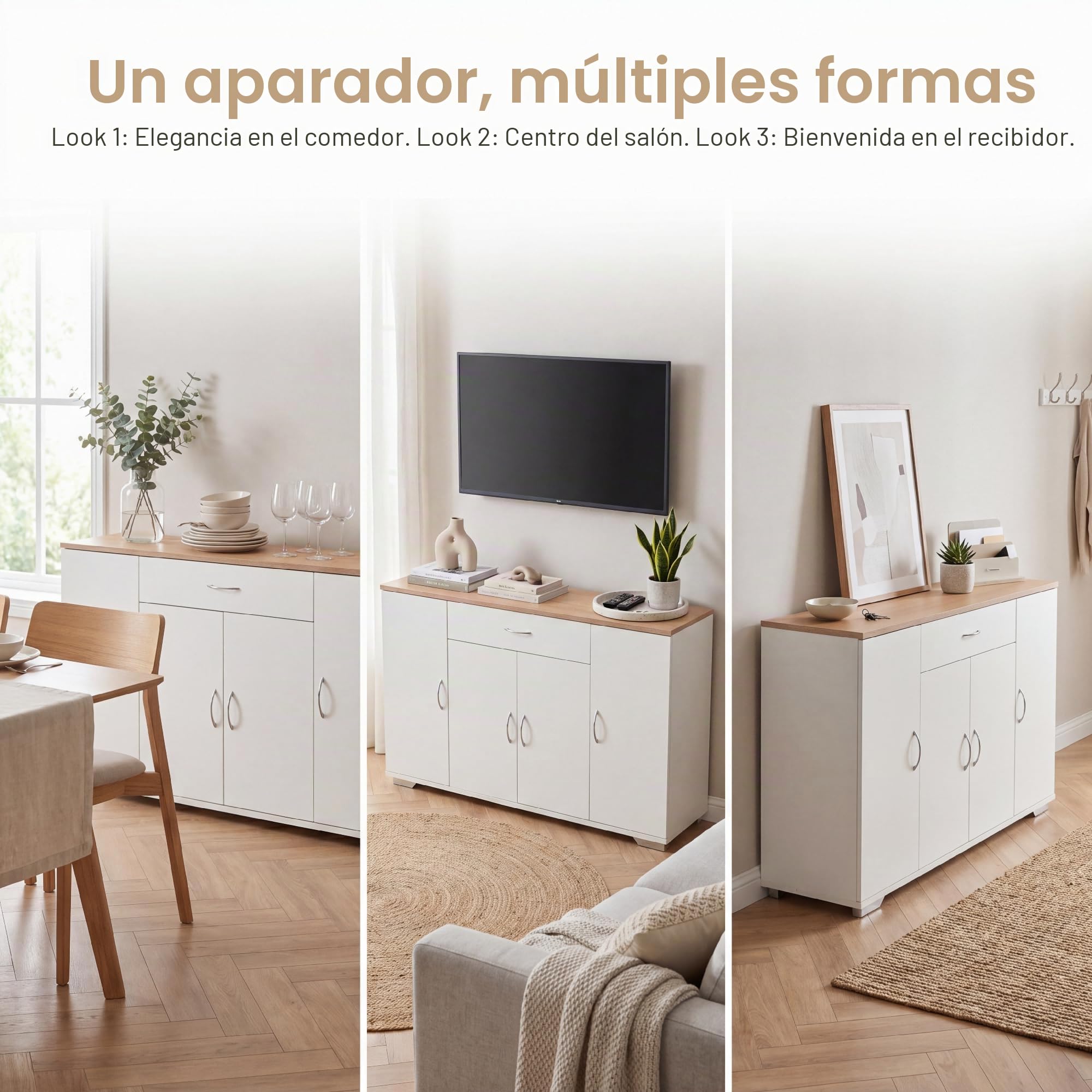Aparador Cocina, Aparador Entrada, 110x30x74 cm, MDF, Mueble Auxiliar de Cocina y Comedor, 4 Puertas/1 cajón, estantes ajustablespara Cocina, Comedor, Salón y Recibidor (Blanco/Efecto Roble)