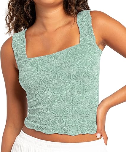 Women's Square Neck Wide Strap Crop Tank Tops Flower Going Out Tops Slim Fit Lettuce Trim Crop Cami Tops