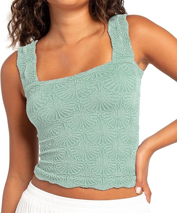 Women's Square Neck Wide Strap Crop Tank Tops Flower Going Out Tops Slim Fit Lettuce Trim Crop Cami Tops