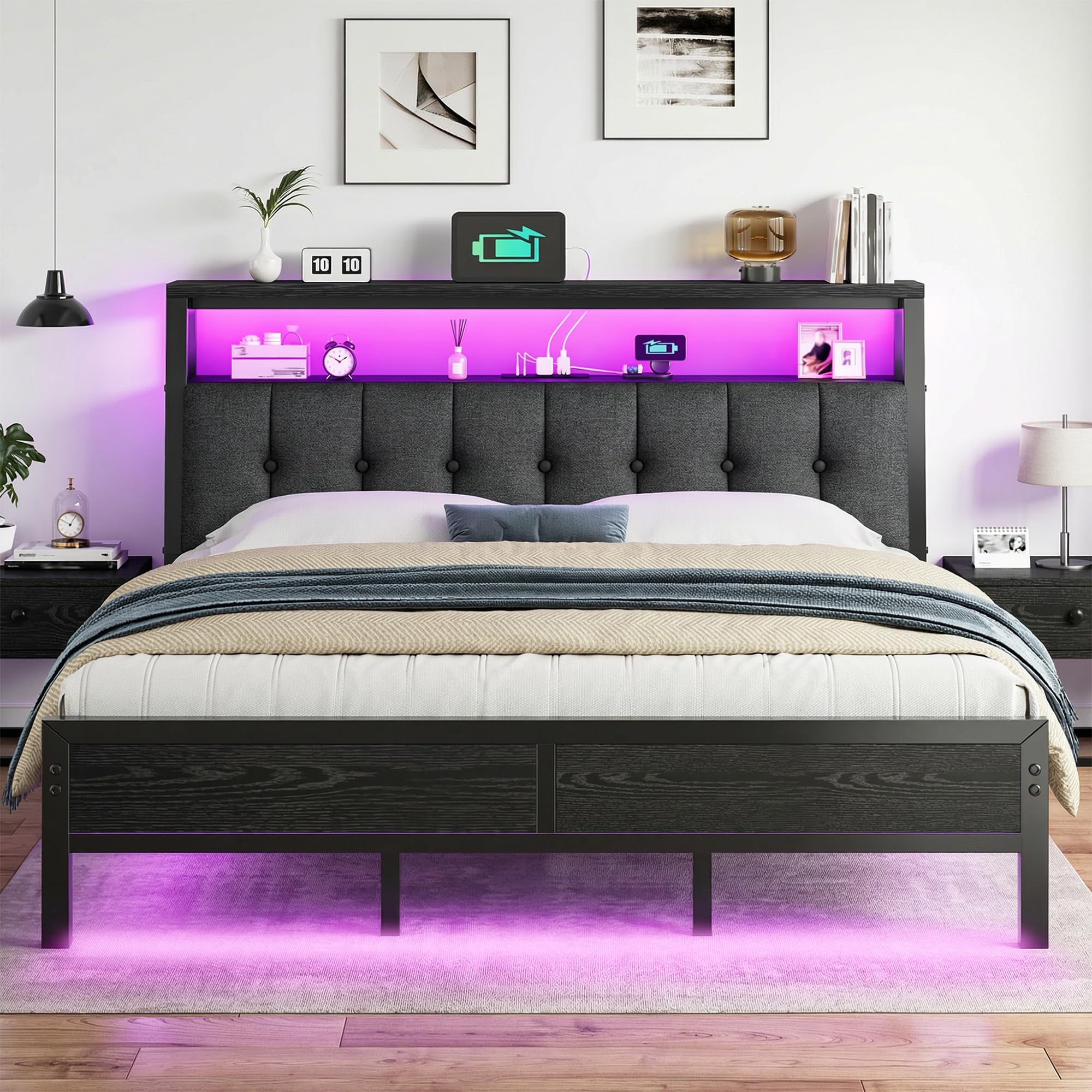 King Size Bed Frame with Smart LED Lights Upholstered Headboard with Charging Station Type C Metal Platform with