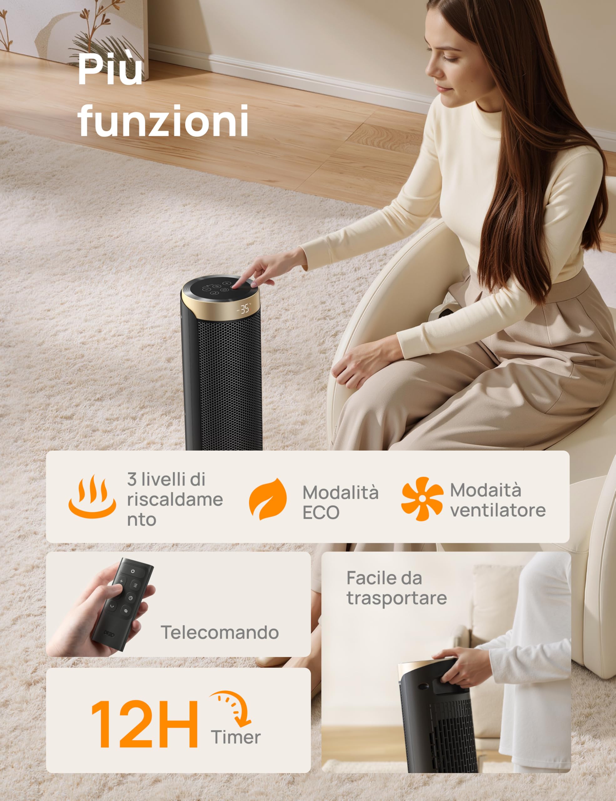 Dreo Termoventilatore, Riscaldatore elettrico in ceramica a riscaldamento rapido, 1800 W, con termostato, telecomando, protezione da surriscaldamento e ribaltamento, timer 1-12 ore, riscaldatore
