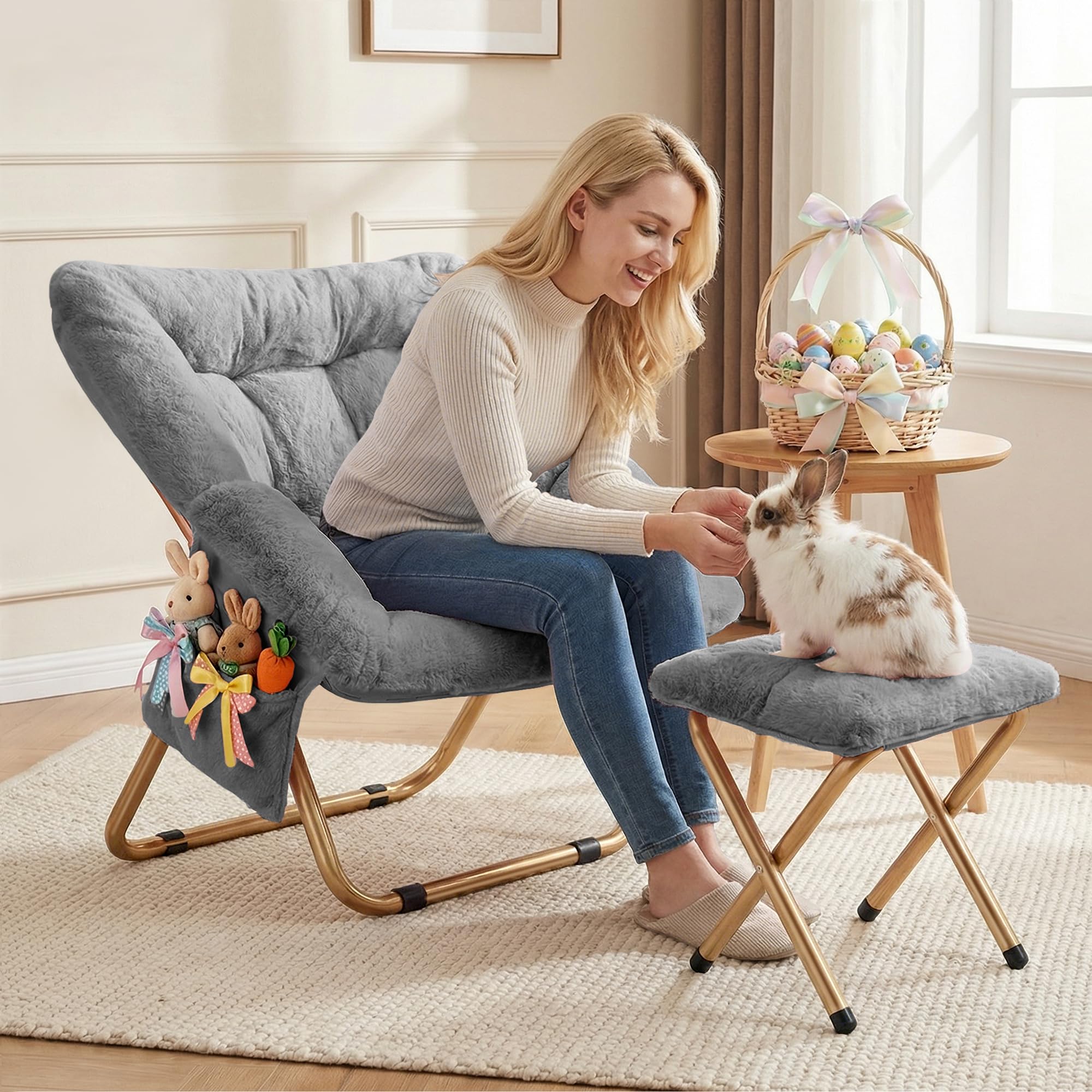Condition photo showing New/Like New for kasunpul comfy saucer chair, foldable living room chairs, soft faux fur lounge chair for bedroom, reading chairs for adults, teens, x-large (grey)