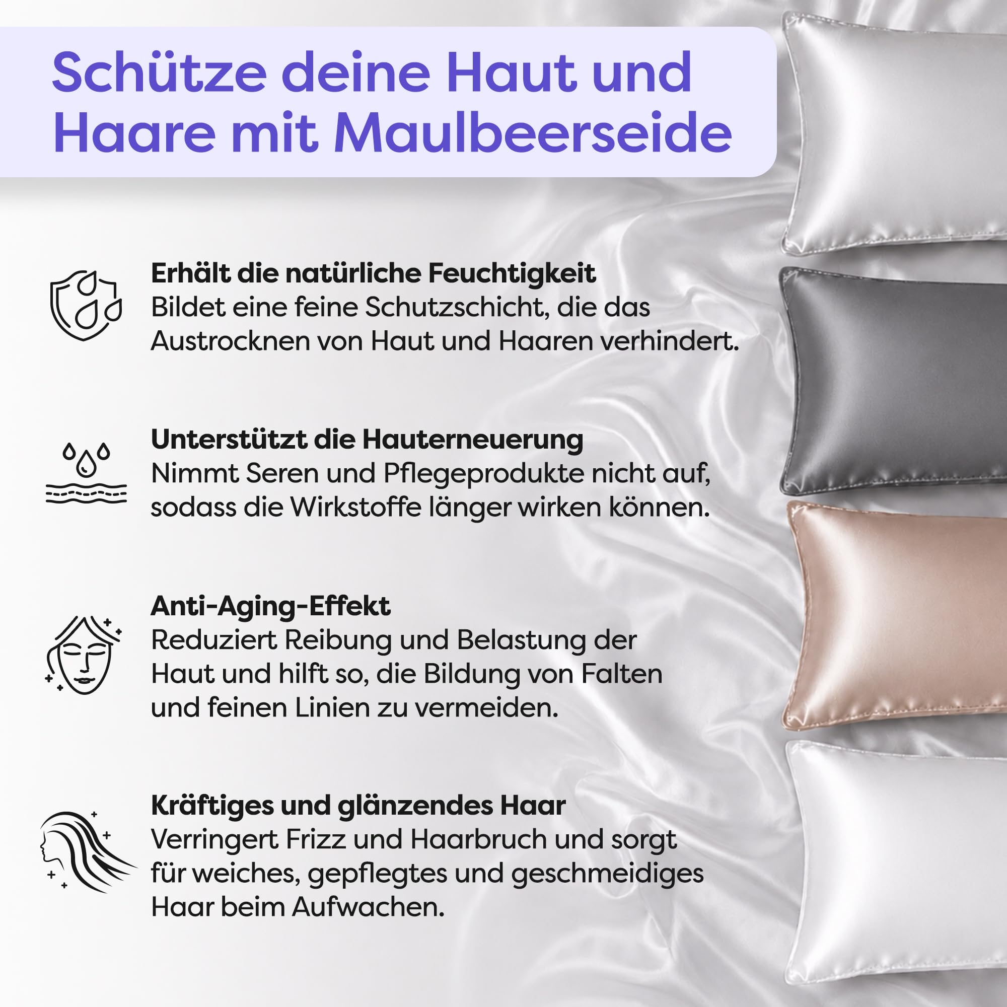 Wolkenfeld Seidenkissenbezug 40x80 cm aus 100% natürlicher Maulbeerseide 22 Momme 6A – Kissenbezug Seide Atmungsaktiv & Hypoallergen für geschmeidiges Haar, hydratisierte Haut – Oeko-TEX – Hellgrau
