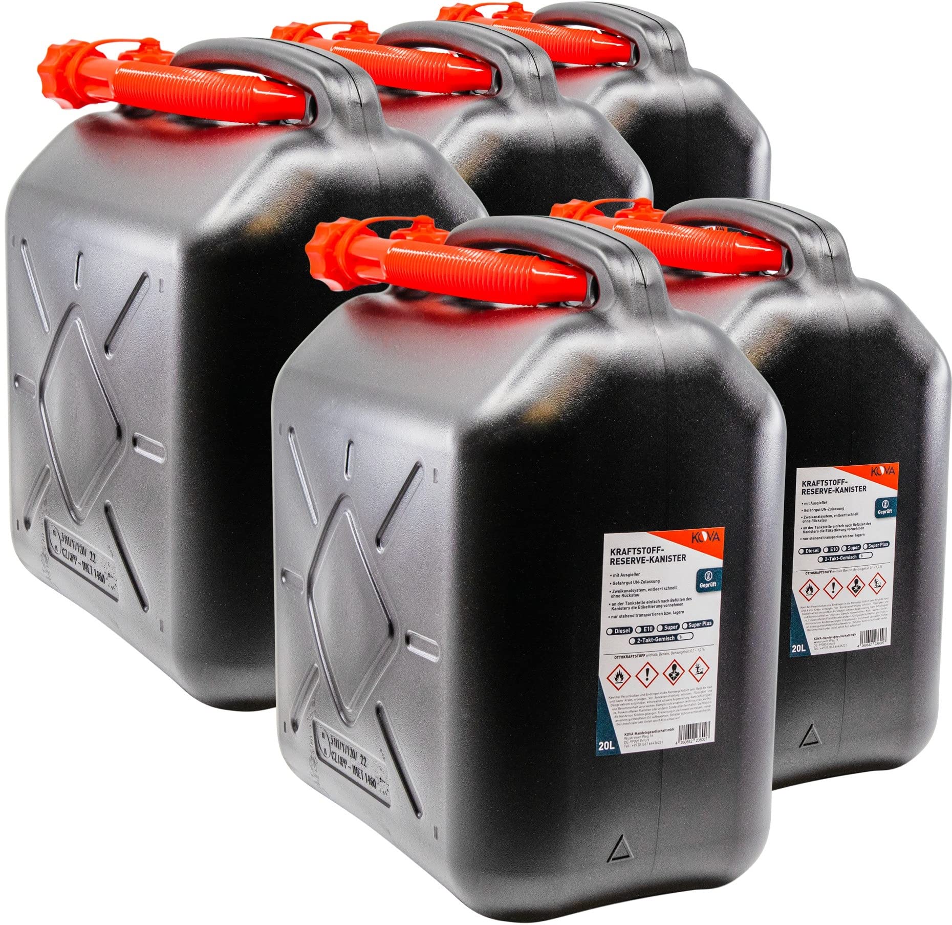 KOVA® 5x Benzinkanister 20L SCHWARZ Kunststoff Dieselkanister Reservekanister Kraftstoffkanister 20 Liter Wasserkanister für Benzin Diesel Wasser AdBlue, 20-Liter-Kanister Außgießer 20 ltr Petrol Can