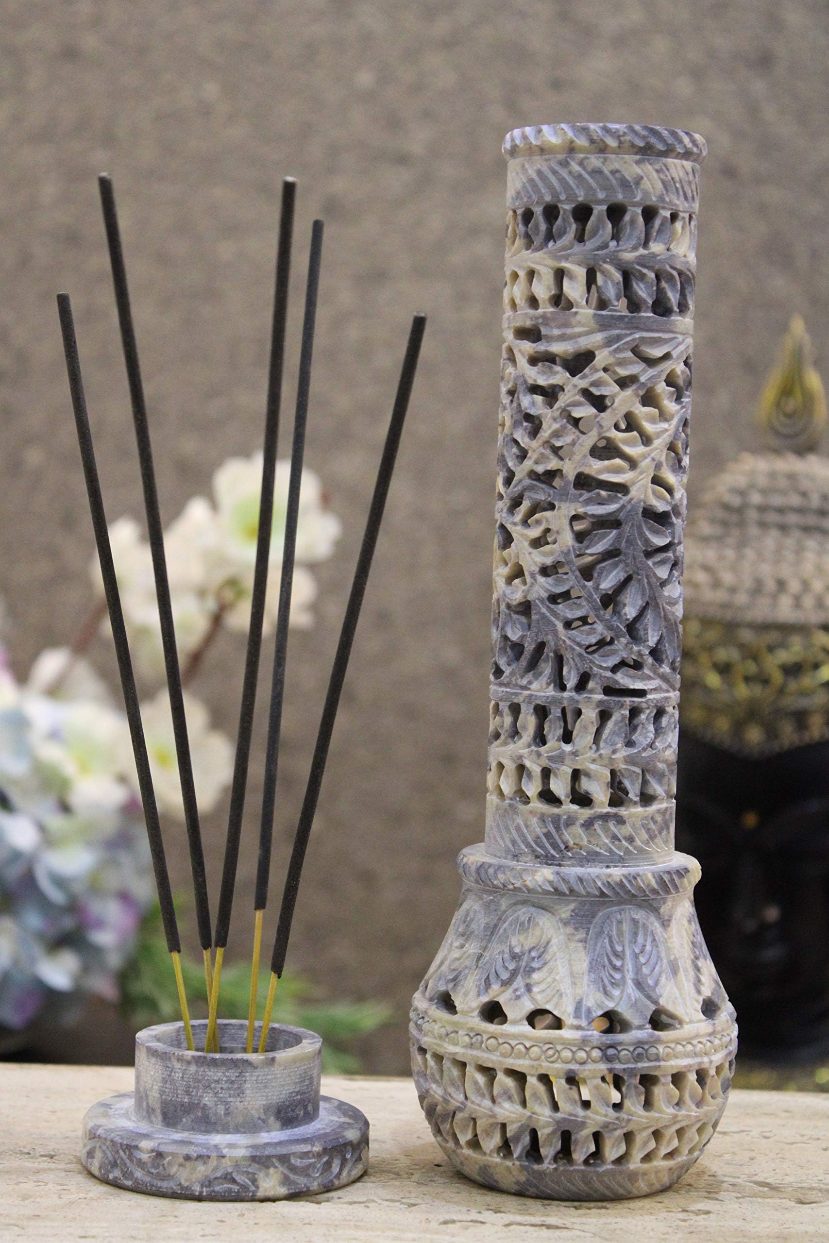 KC KULLICRAFT Hand Carved Soapstone Marble Incense Holder With 6 Lavender Fragrance Incense Sticks