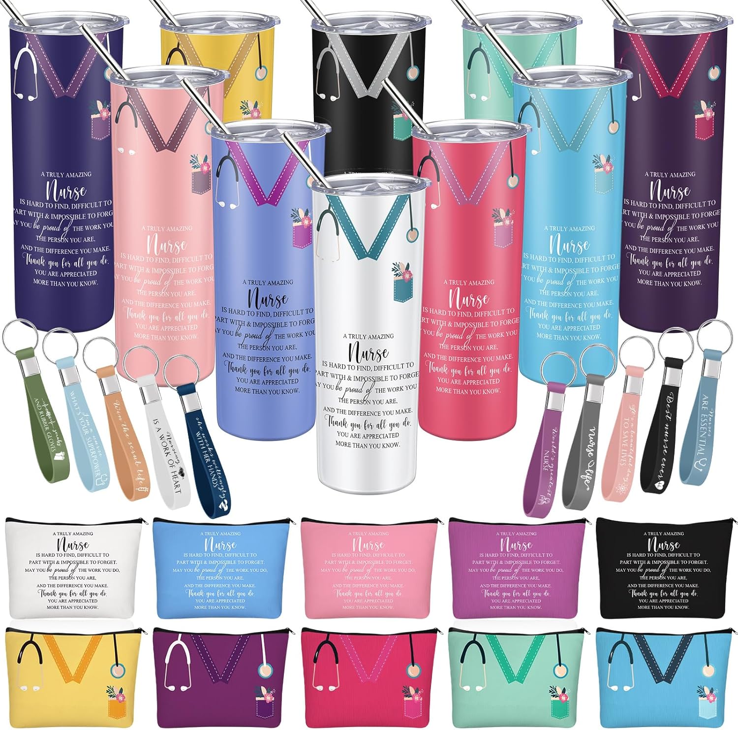 30 Pcs Nurse Appreciation Gift for Women 20 oz Stainless Steel Tumbler, Makeup Bag, Keychain for Nurse Week Gift Set