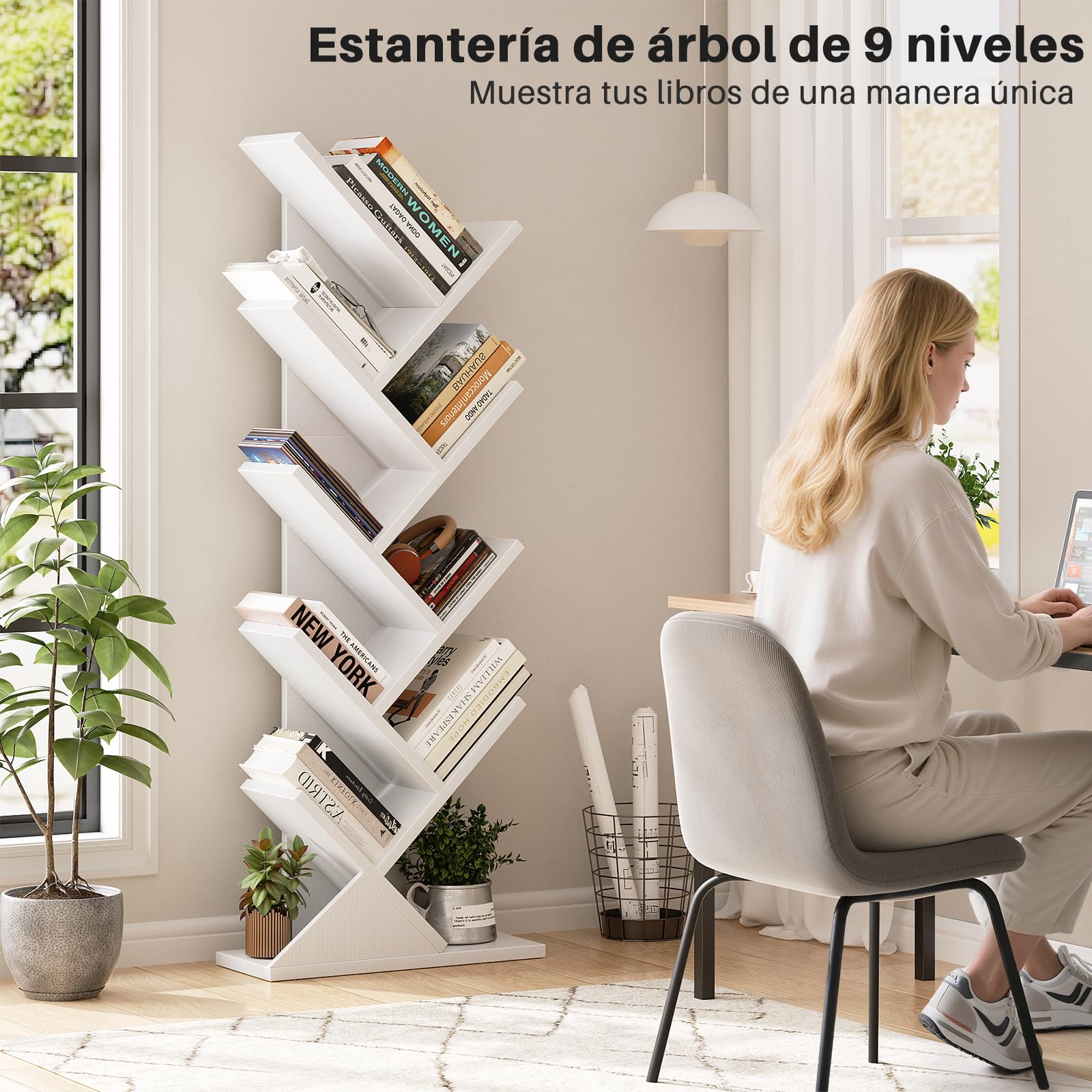 iSunirm Estante de Pie de Árbol,Librería de 9 Niveles,Estante de Libros de Pie para Piso,Estanterías de Almacenamiento de Exhibición para Sala de Estar, Hogar,Oficina,Blanco