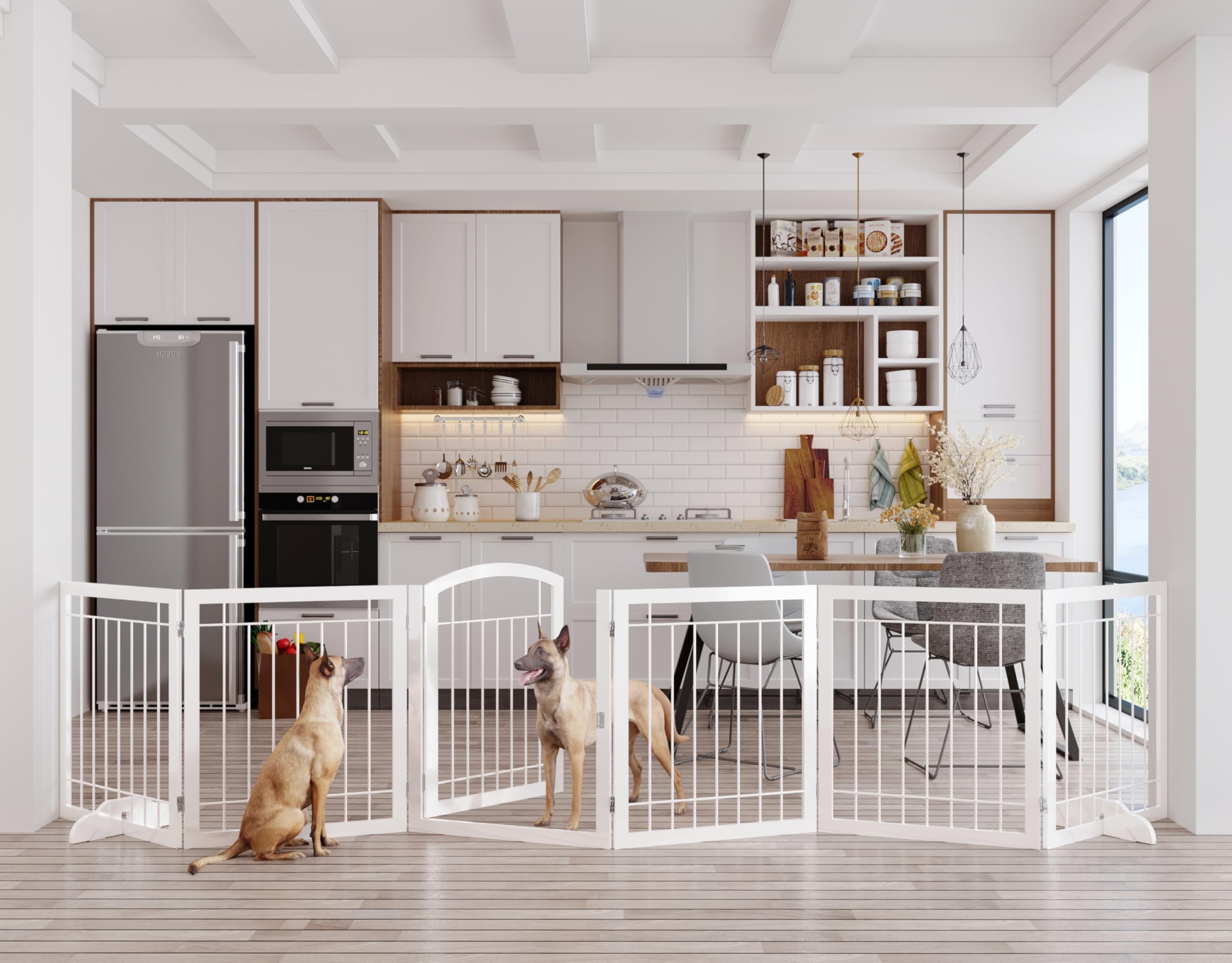 Vantas Folding Pet Gate 144" Wide, 30" Tall No-Assembly Metal Dog Gate, Freestanding Wire Pet Gate, Pet Puppy Safety Fence, Extra Wide with 2PCS Support - White