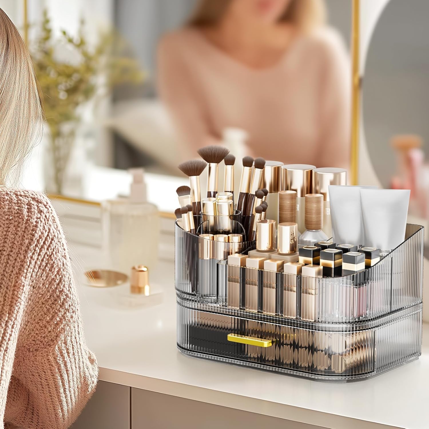 Organizer per trucchi per toeletta con cassetti impilabili, porta pennelli da trucco rotante a 360 gradi, grande espositore per cosmetici per comò, organizer per la cura della pelle da piano di