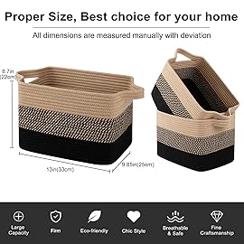 OIAHOMY Storage Basket, Woven Baskets for Storage, Cotton Rope Basket for toys,Towel Baskets for Bathroom - Pack of 3, Black & Brown