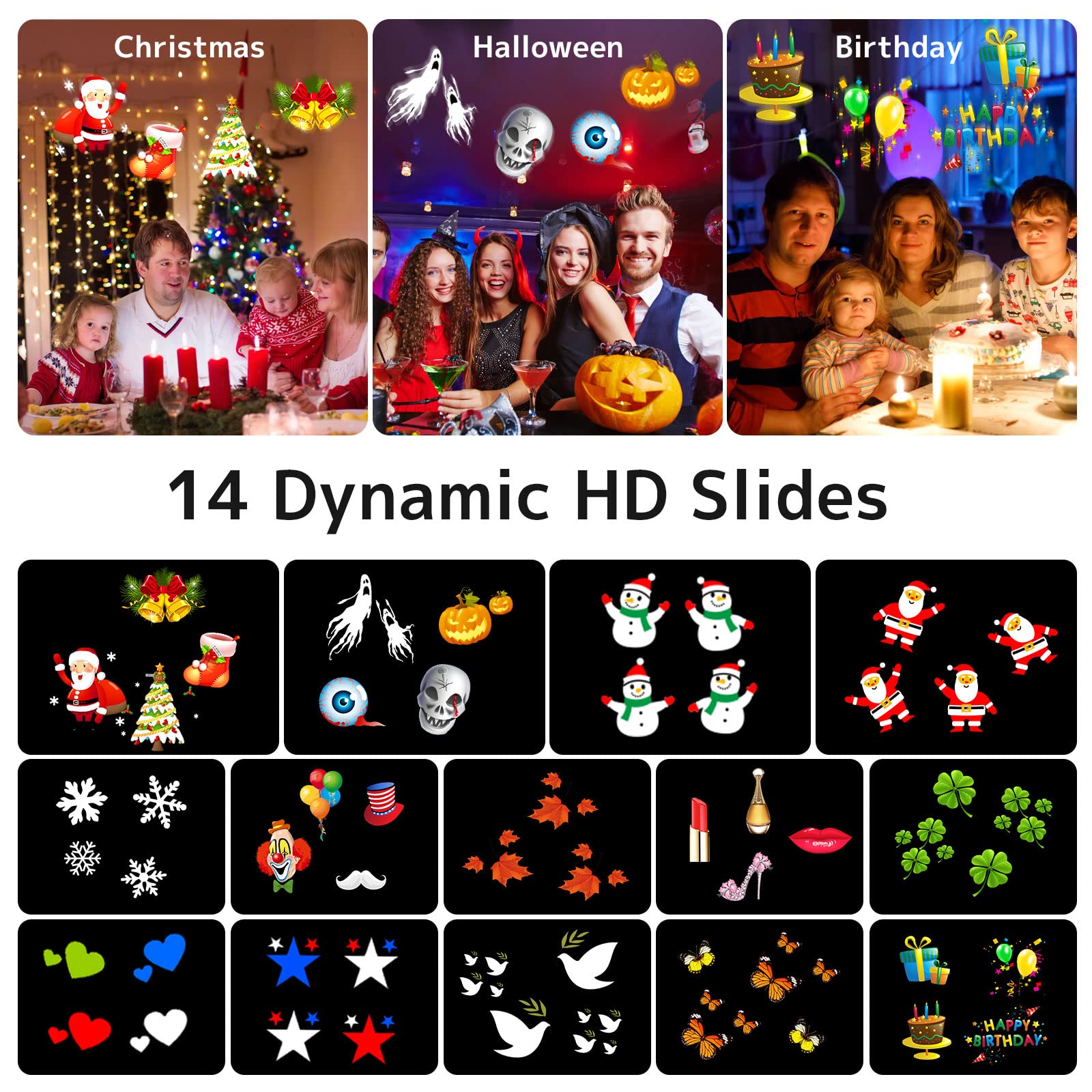 Projecteur Dynamique d'halloween IP65 étanche LED Flocons de Neige de Noël Projecteur Rotatif à 180 ° avec 14 Motifs Mobiles pour décoration de Jardin, fête, intérieur, extérieur…
