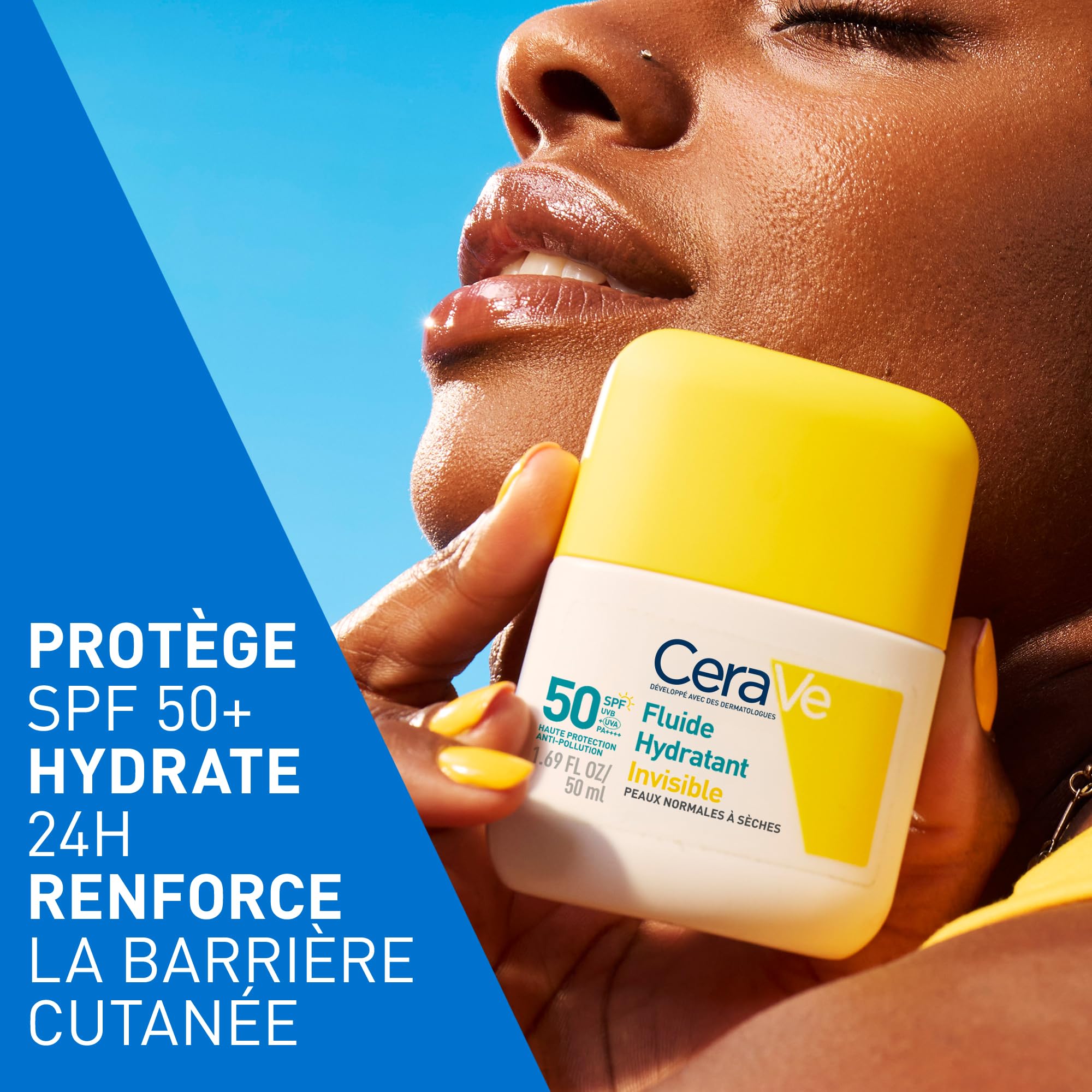 Le Fluide Invisible CeraVe SPF 50 offre une protection solaire haute performance avec une hydratation durable.