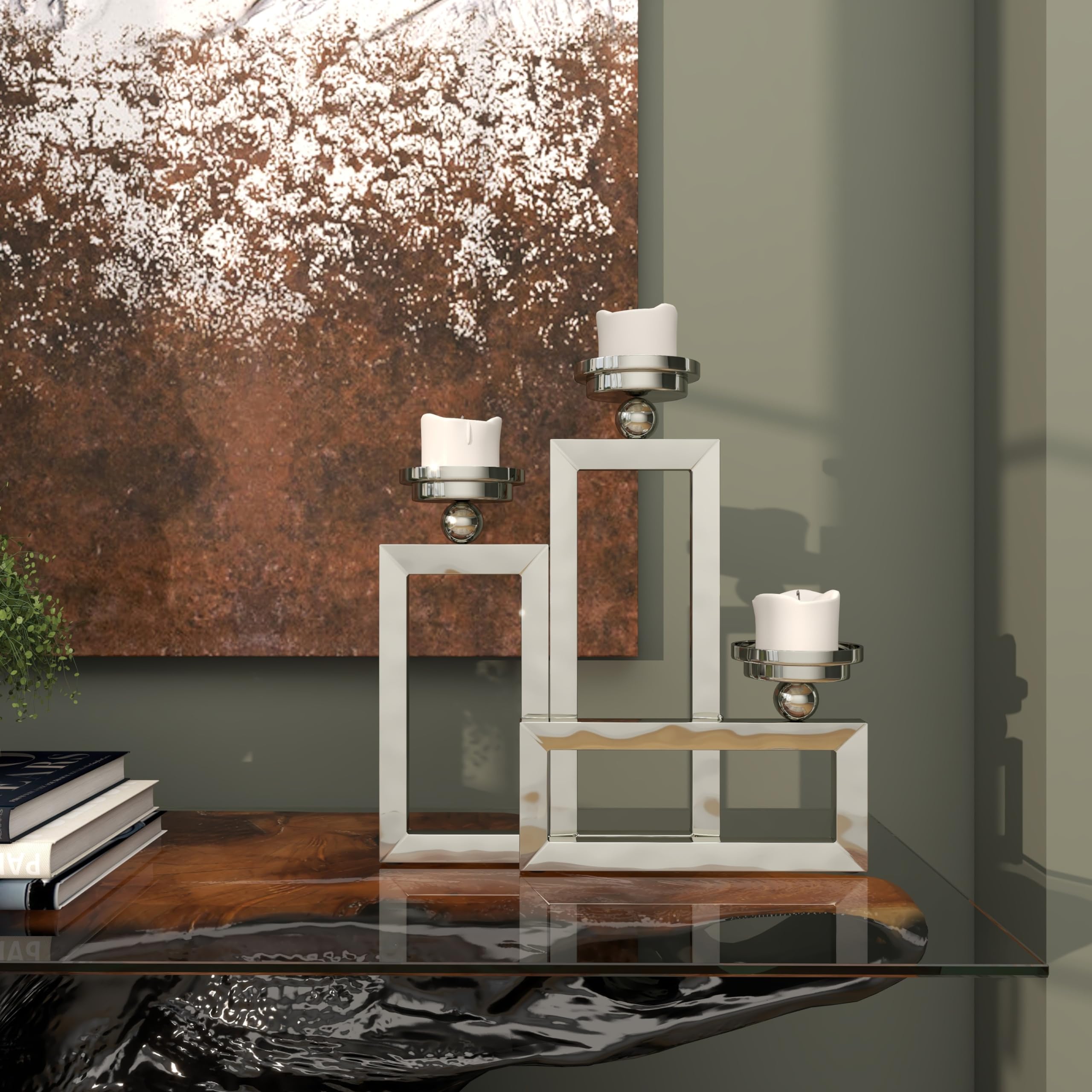 Deco 79 Stainless Steel Geometric Open Frame Candelabra with Various Rectangles, 16