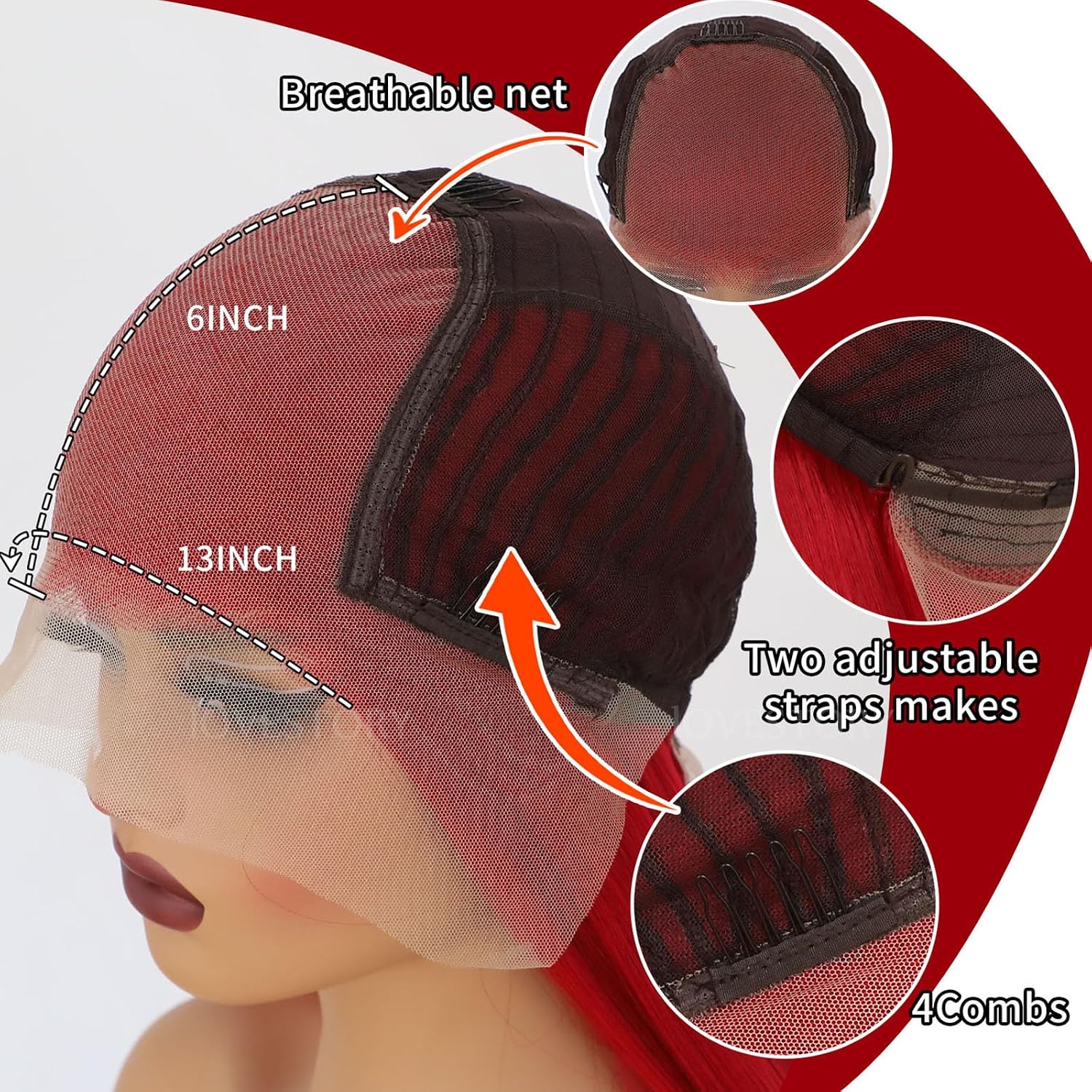 Lovestory 13x6 Long Straight Lace Front Wigs Red Color Pre Plucked Synthetic Lace Front Wigs Free Part Heat Resistant Glueless HD Lace Wigs natural Hairline