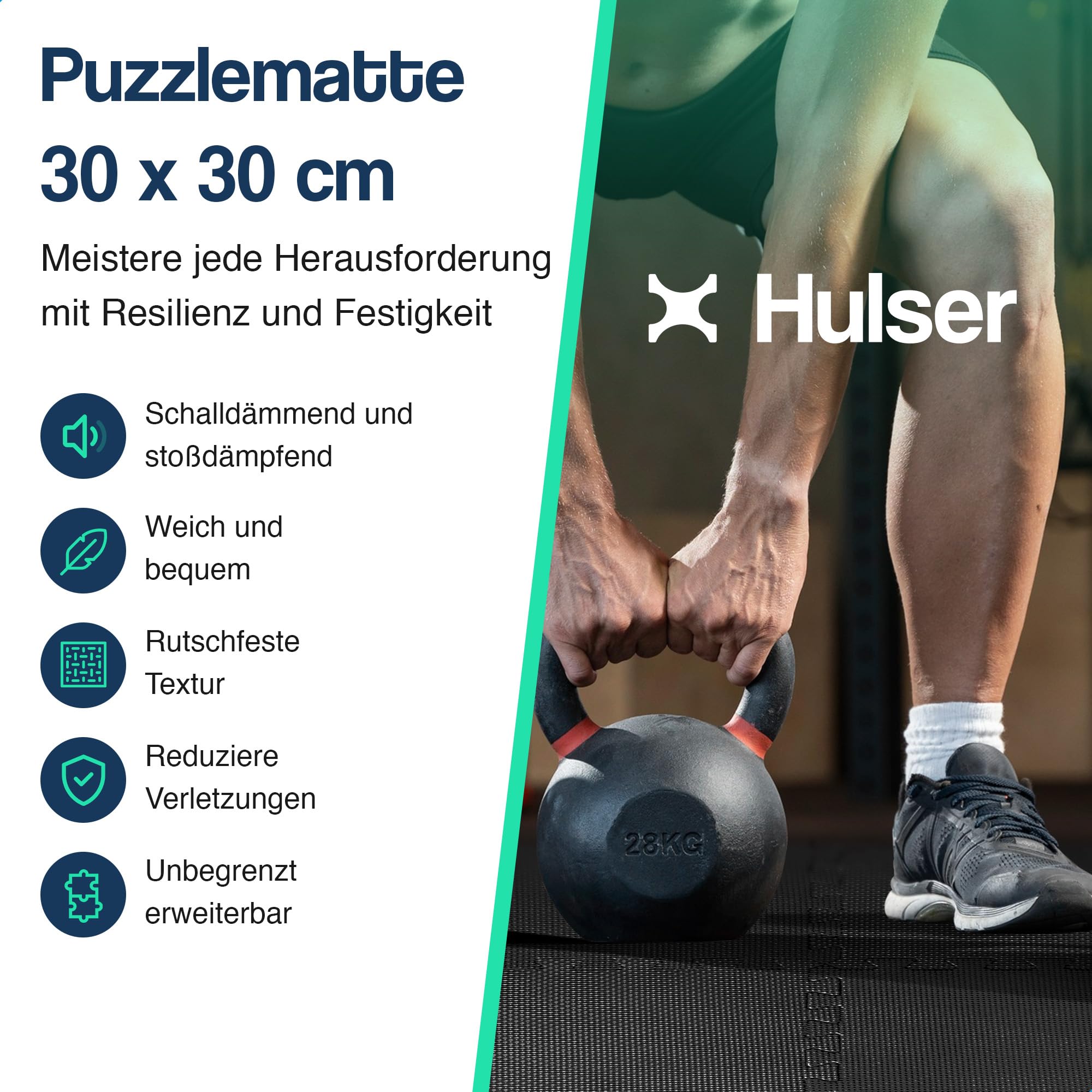 Hulser Fitness Puzzlematte - 30 x 30 cm - Bodenschutzmatten für Sporträume - Unterlegmatte, Fitnessmatte, Trainingsmatten, Schutzmatten für Fitnessgeräte
