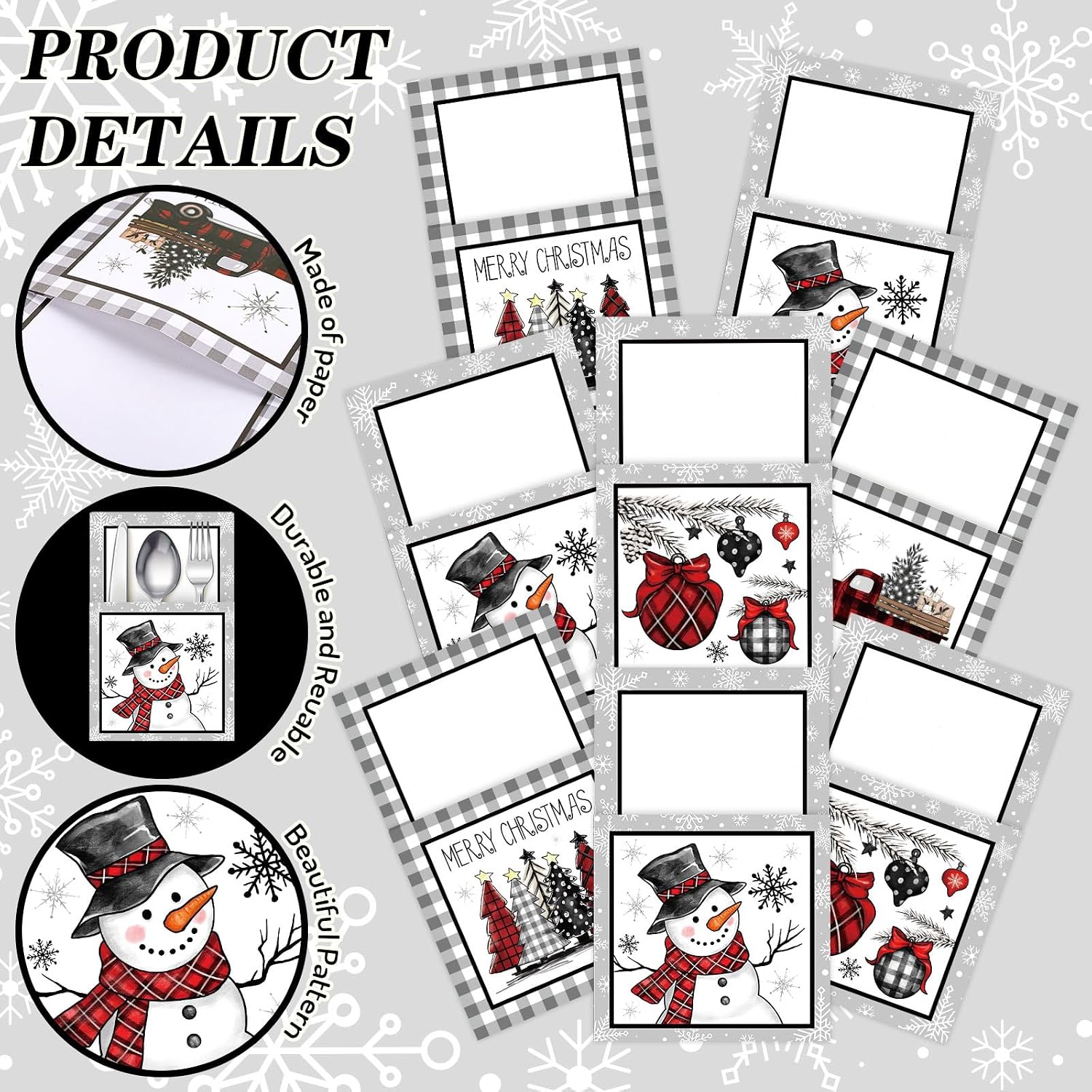 JarThenaAMCS 36Pcs Christmas Silverware Holders Rustic Xmas Tree Plaid Truck Snowman Cutlery Holders Winter Utensil Paper Bag Pocket for Farmhouse Party Supplies image 3