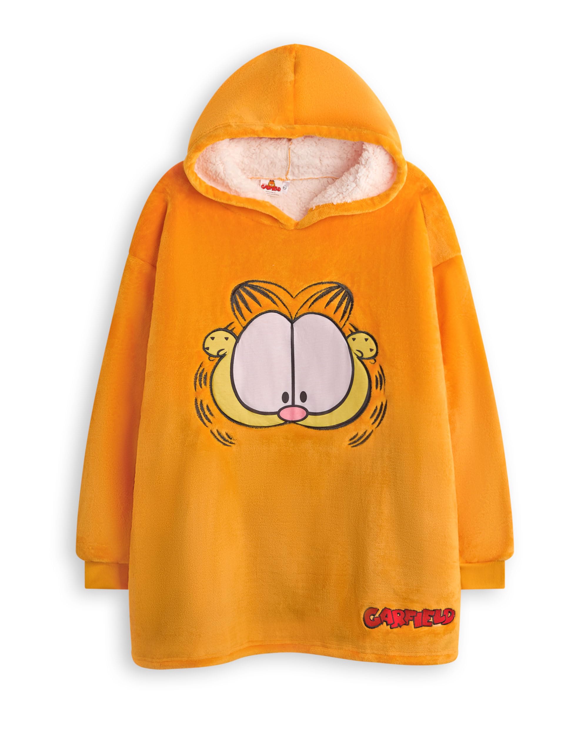 Garfield Kids Wearable Blanket | Children's Oversized Fleece Blanket Hoodie in Orange | Lazy Tabby Cat Face Unisex Hooded Pullover Loungewear | Animation Movie Merchandise Gift for Boys and Girls