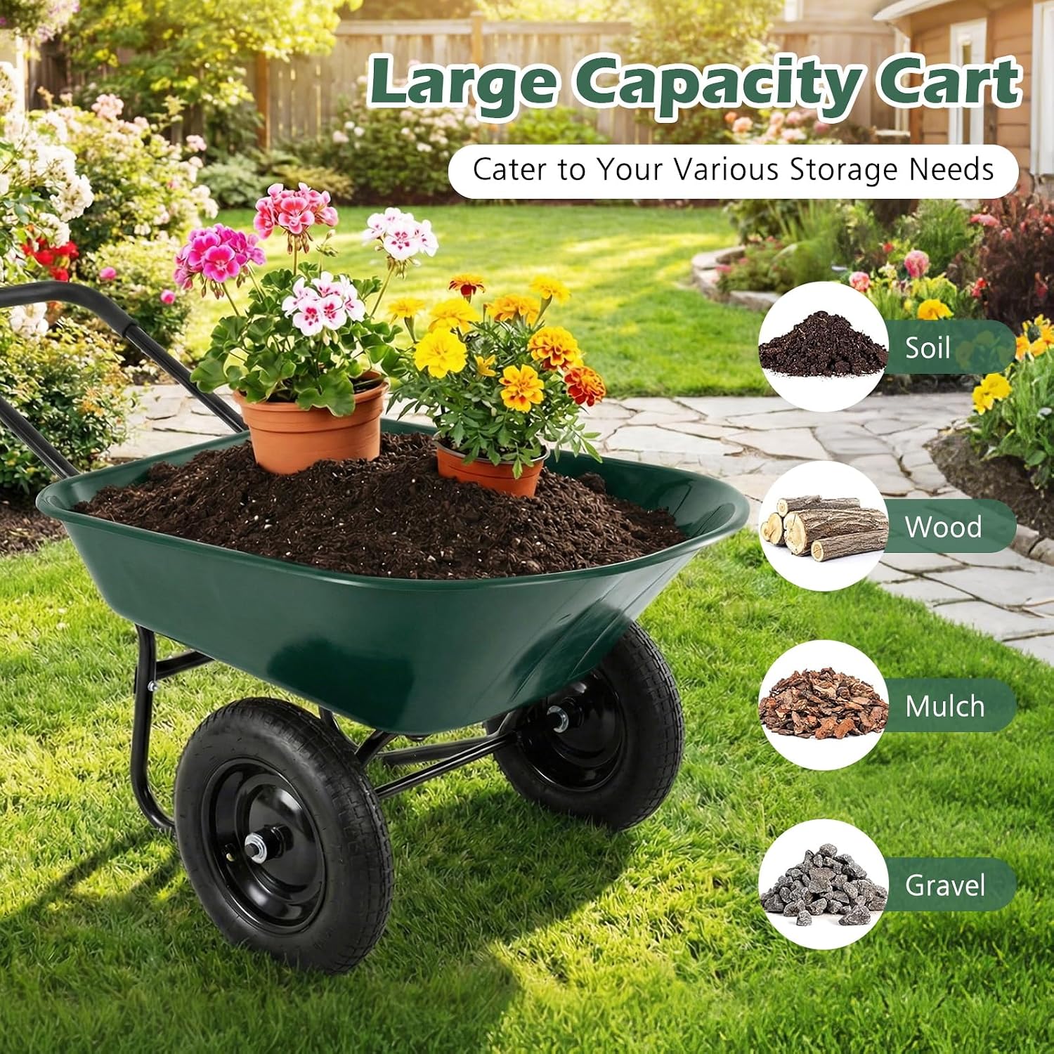 Giantex Dual-Wheel Garden Cart, 330LBS Heavy Duty Wheelbarrow, 2 Wheel Wagon Utility Cart for Outdoor Yard Lawn Gardening Construction Use, Dark Green