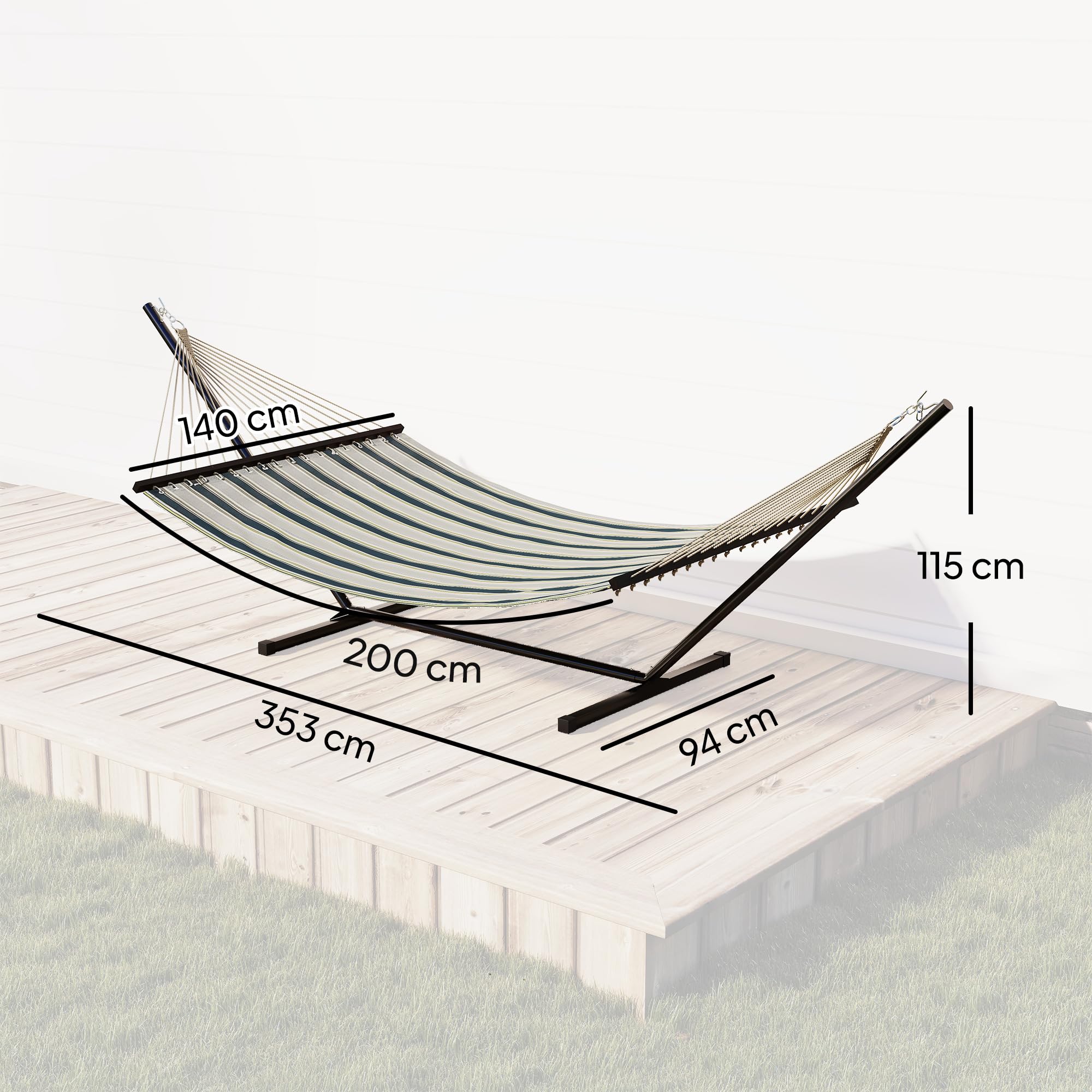Outsunny Hamac sur Pied 353 cm, hamac avec Support Acier avec Coussin Amovible et Barres d'écartement, pour intérieur et extérieur, lit de Sieste rayé, Vert