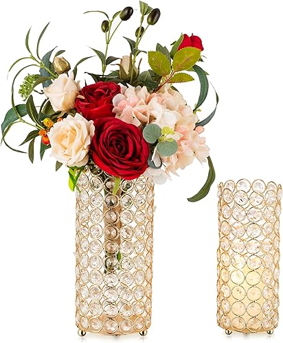 Hewory - Jarrones cilíndricos de cristal dorado para centros de mesa, 2 portavelas con cuentas de cristal con purpurina, florero brillante para ramo disponible en Yaxa El Salvador