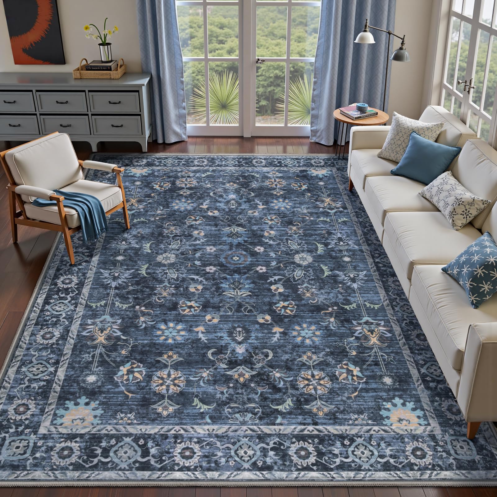 Tangsoo 6x9 Large Area Rug for Living Room, Non Slip Machine Washable Rug for Bedroom, Boho Distressed Vintage Blue Floral Rugs, Soft Low Pile Floor