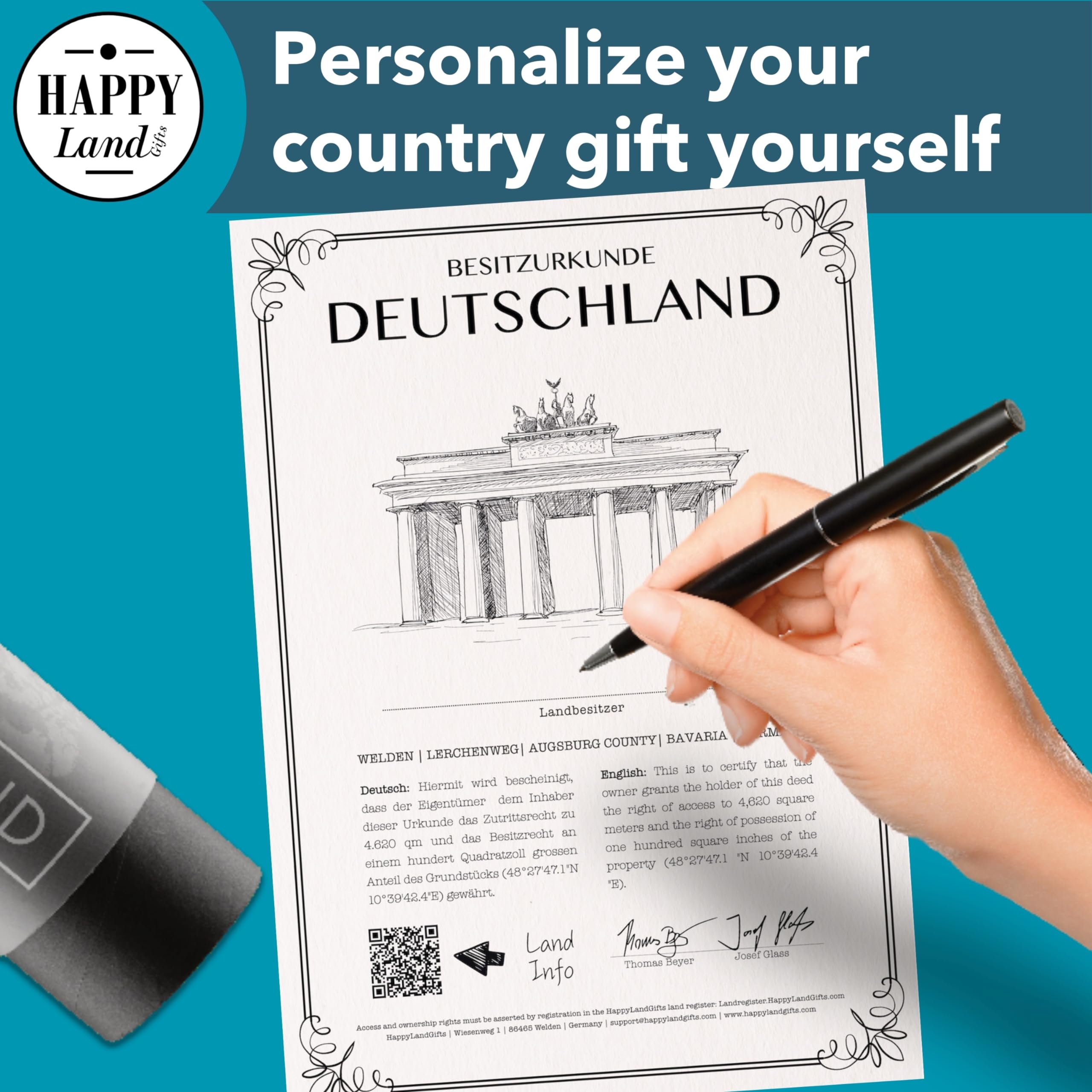German Gifts for Women an Men | Real Piece of Germany | Highly Unique German Themed Gifts - Blank Certificate to Write in The Name of Your Choice | Berlin Gift Ideas | German Christmas Gift