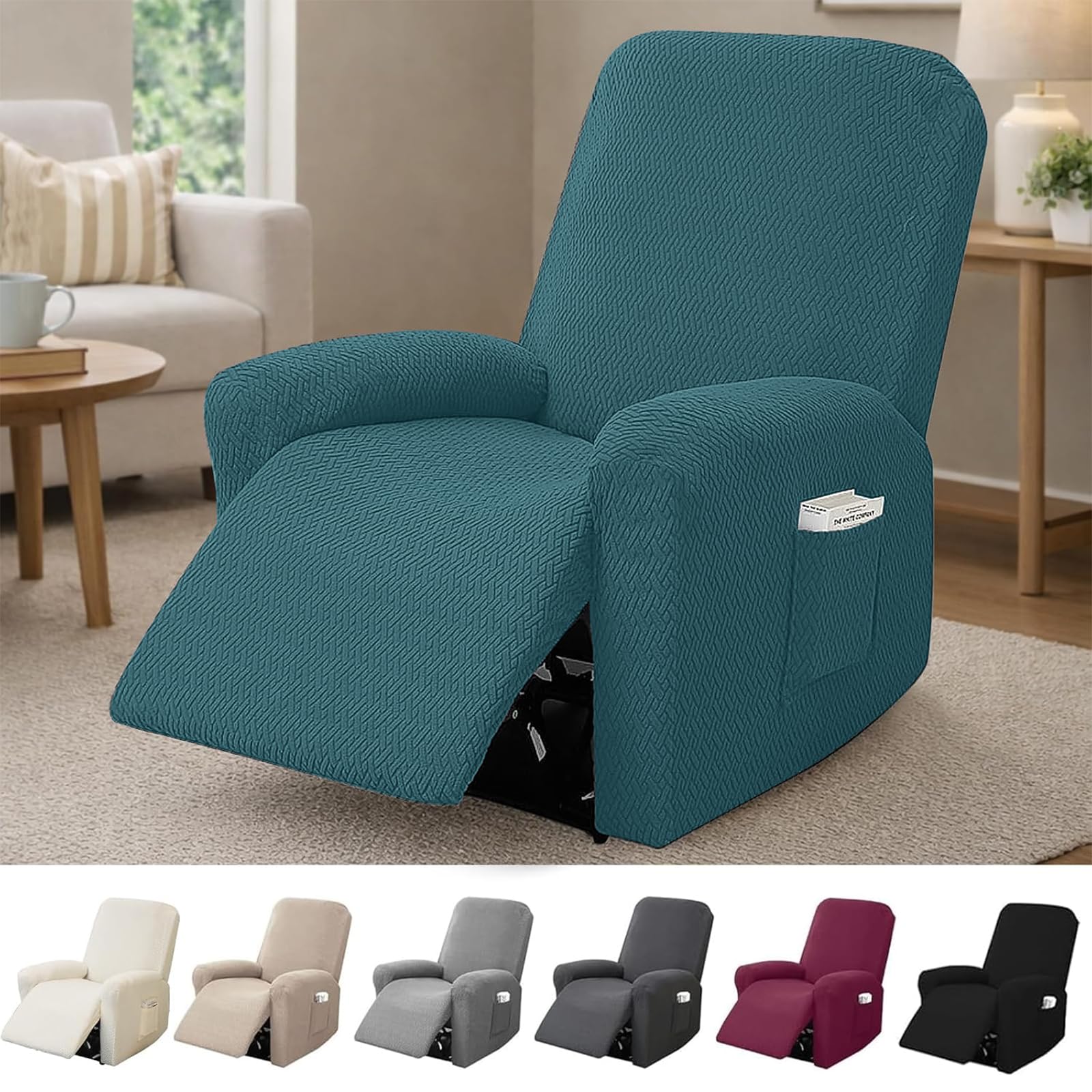 Hengrongshen 1-Seater Recliner Chair Cover, Stretch Chair Covers for Armchairs with Pockets, All-Inclusive Non-Slip Armchair Covers, Sofa Slipcovers Protector (Dark Green)