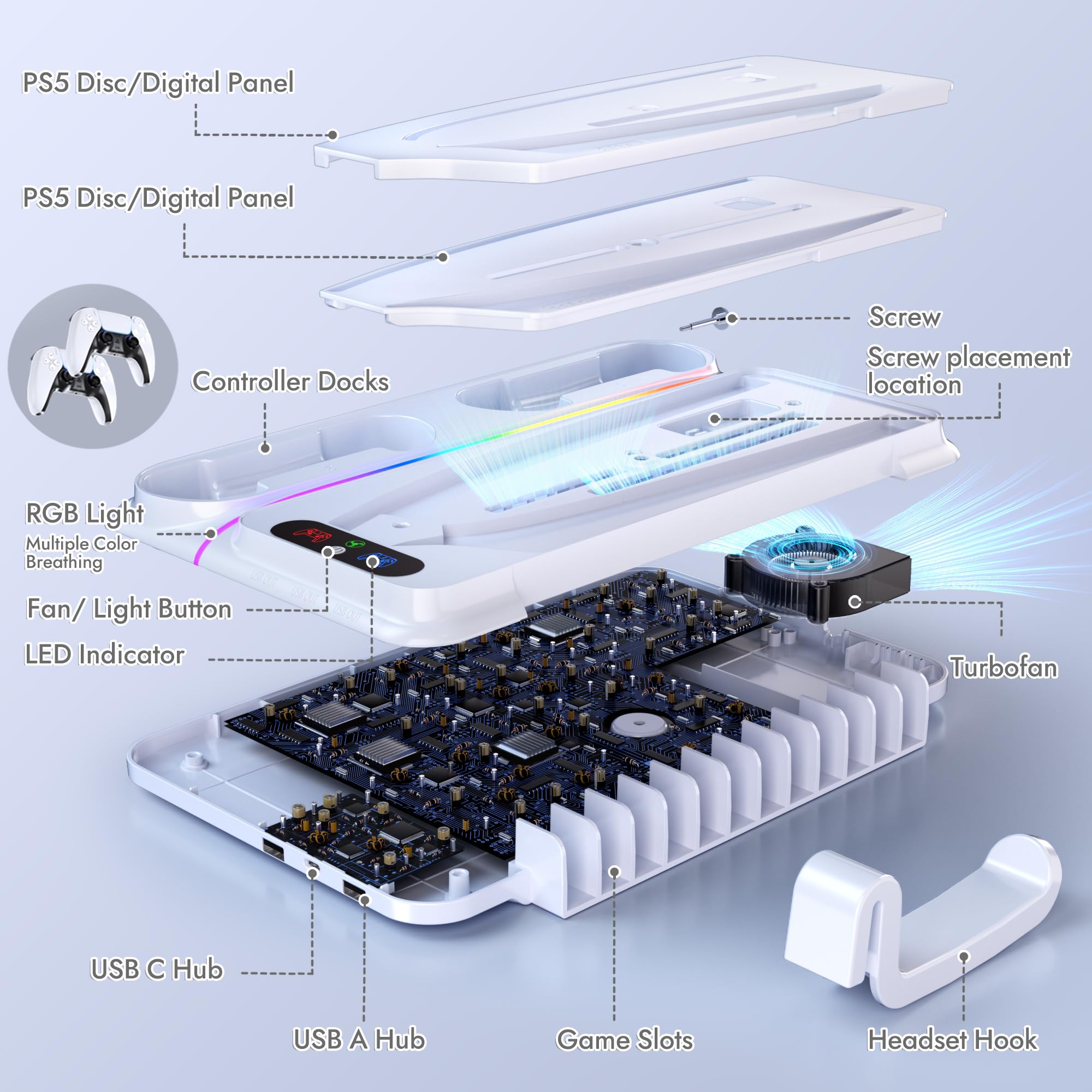 PS5 Cooling Station for PS5/Slim/Pro Disc Digital Console,PS5 Fan Cooling Fan with Dual PS 5 Controller Charger,3 Level Fan, RGB Light,12 Slot, PS5/Slim/Pro Stand for PlayStation 5 Console Accessories thumbnail 10