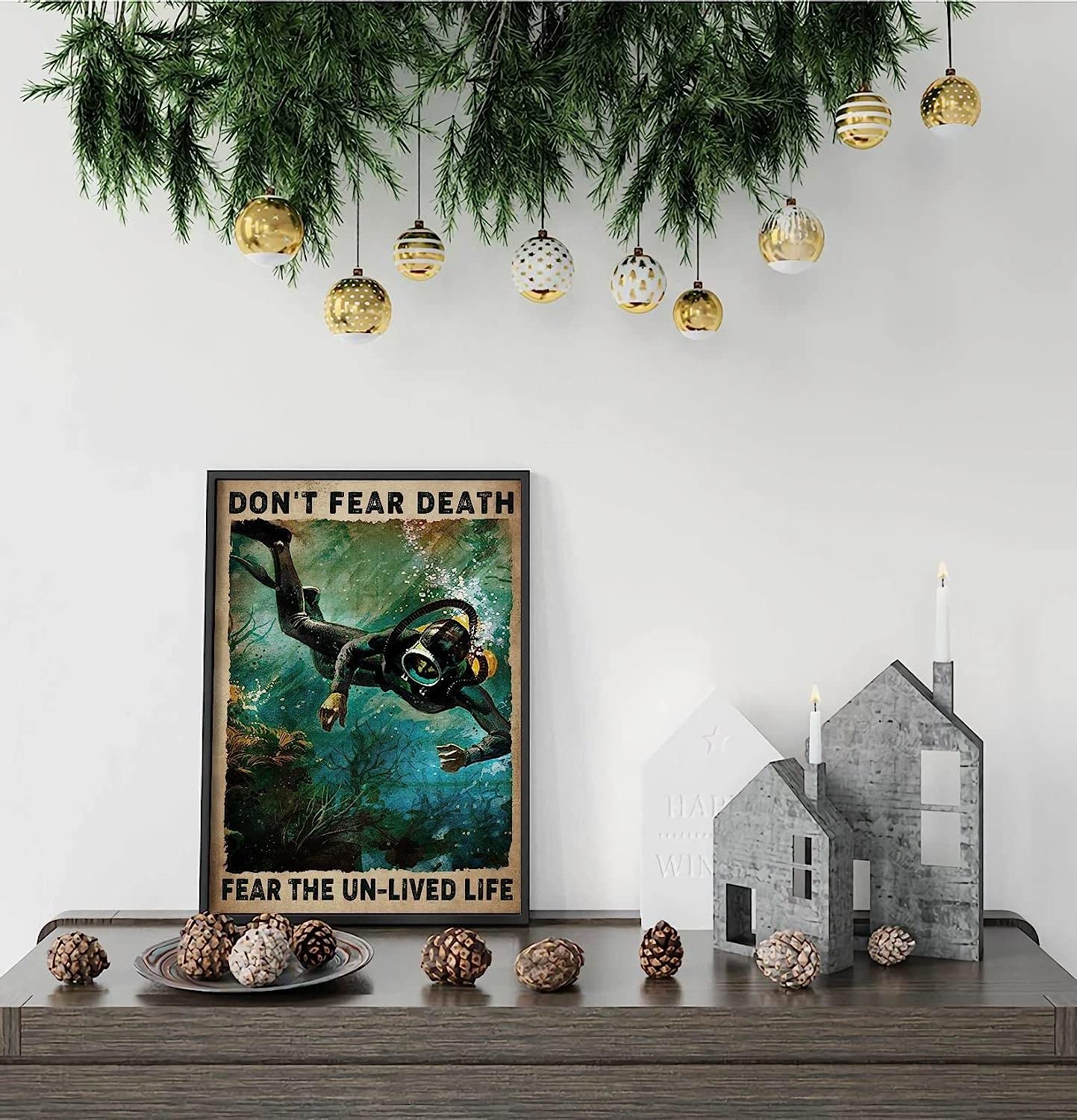 Bonoff Scuba Diving Poster Don't Fear Death Fear The Unlived Life Poster, Lovecuba Diver Print, Diving Lover Gift,Scuba Diver Art,Scuba Poster Wall Art Decor Metal Sign Poster 8X12 Inches
