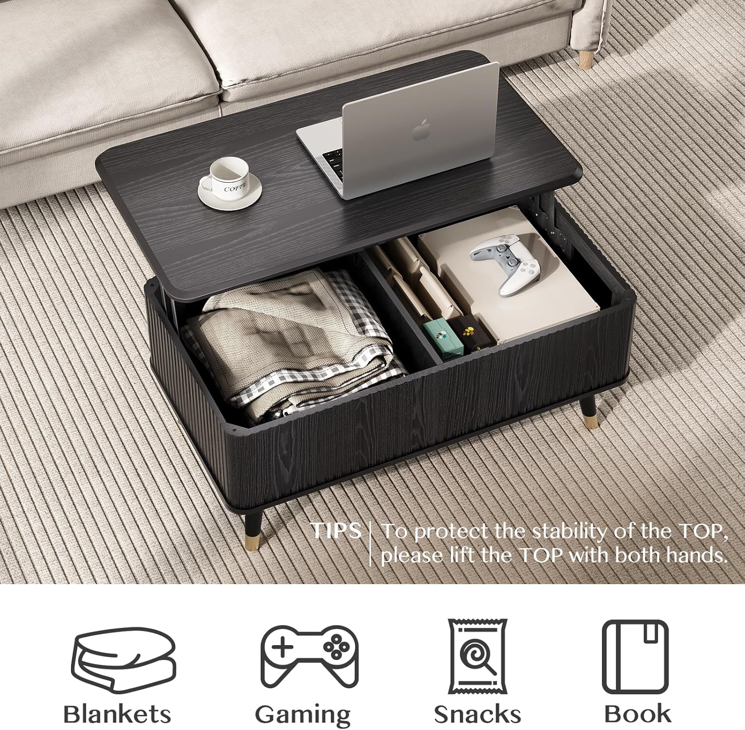 Lift Top Coffee Table with Storage, Mid Century Modern Rectangular Center Table, Fluted Design with Hidden Compartment, Rising Desk for Work from Home, Living Room Furniture, Black Finish