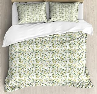 Botany Duvet Cover Sets, Abstract Style Composition of Olive Branches with Leaves Garden Elements, Bedding Set with 2 Duvet Covers & 4 Pillowcases, 2 Pack Queen Size, Fern Green Pale Green