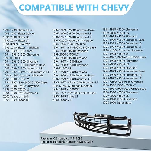 Miniatura 6 de Perfit Liner Parrilla delantera negra compatible con Chevrolet Silverado C/K 1994-2000 1500 2500 3500 Pickup Truck Blazer Tahoe SUV con lámpara de