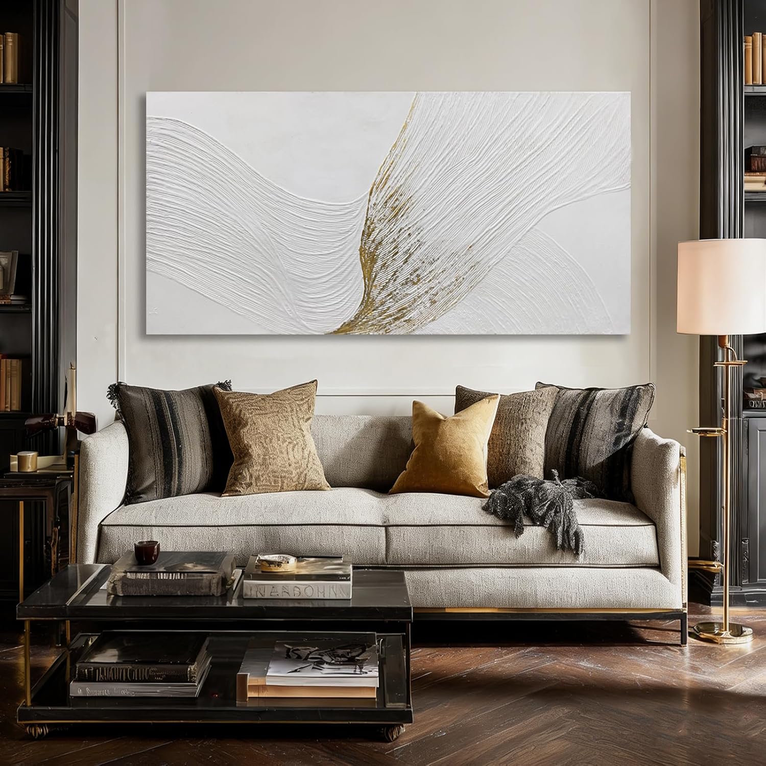 Hue7Art Modern Minimalist White and Gold Textured Canvas Wall Art Abstract Line Artwork Hand Painting for Living Room Bedroom Office Neutral Home Decor 24x48 Inch