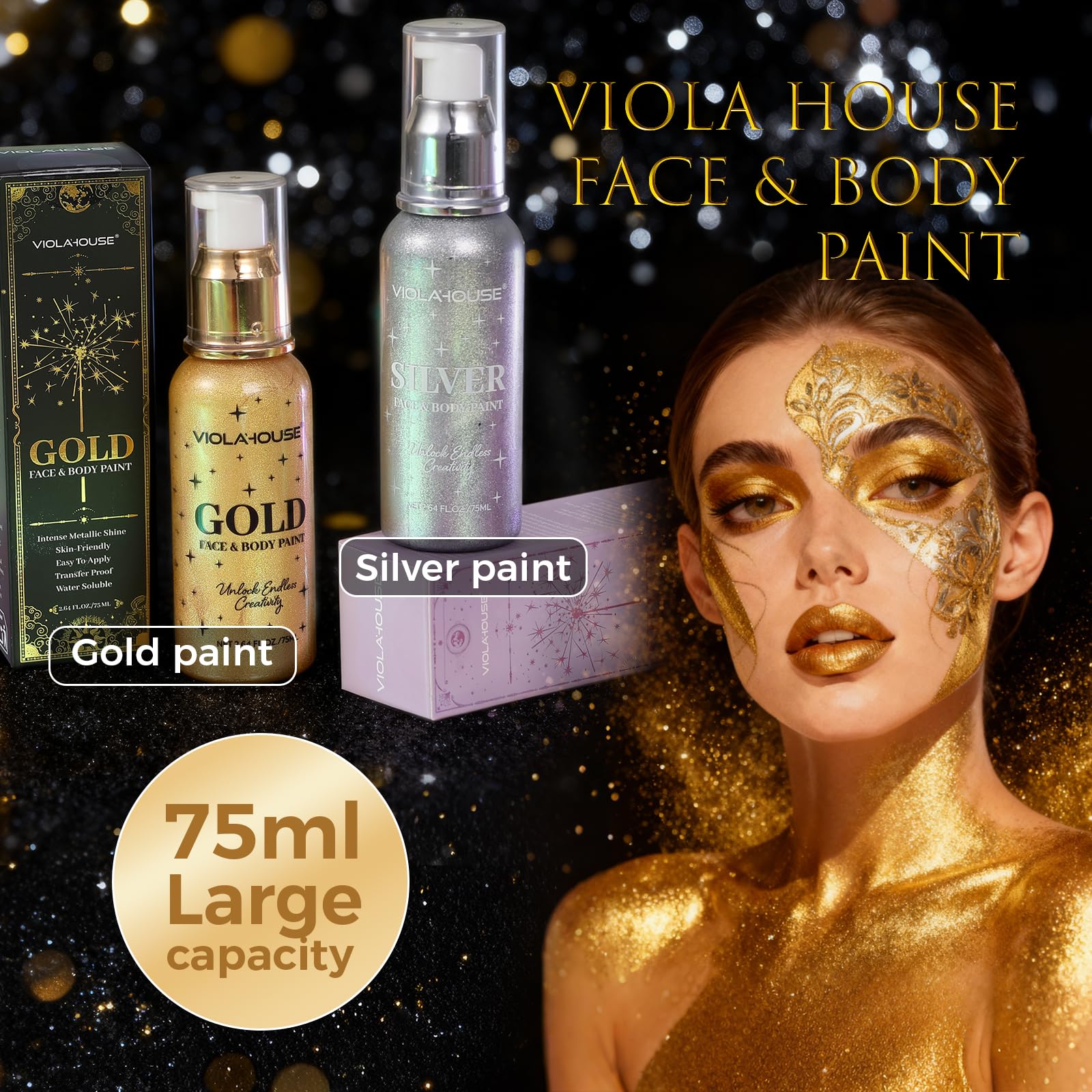 viola house Vernice per viso e corpo, vernice dorata e argento, lucentezza metallica intensa, lunga tenuta, altamente pigmentata, solubile in acqua 2.64Fl.Oz/75 ML (argento)