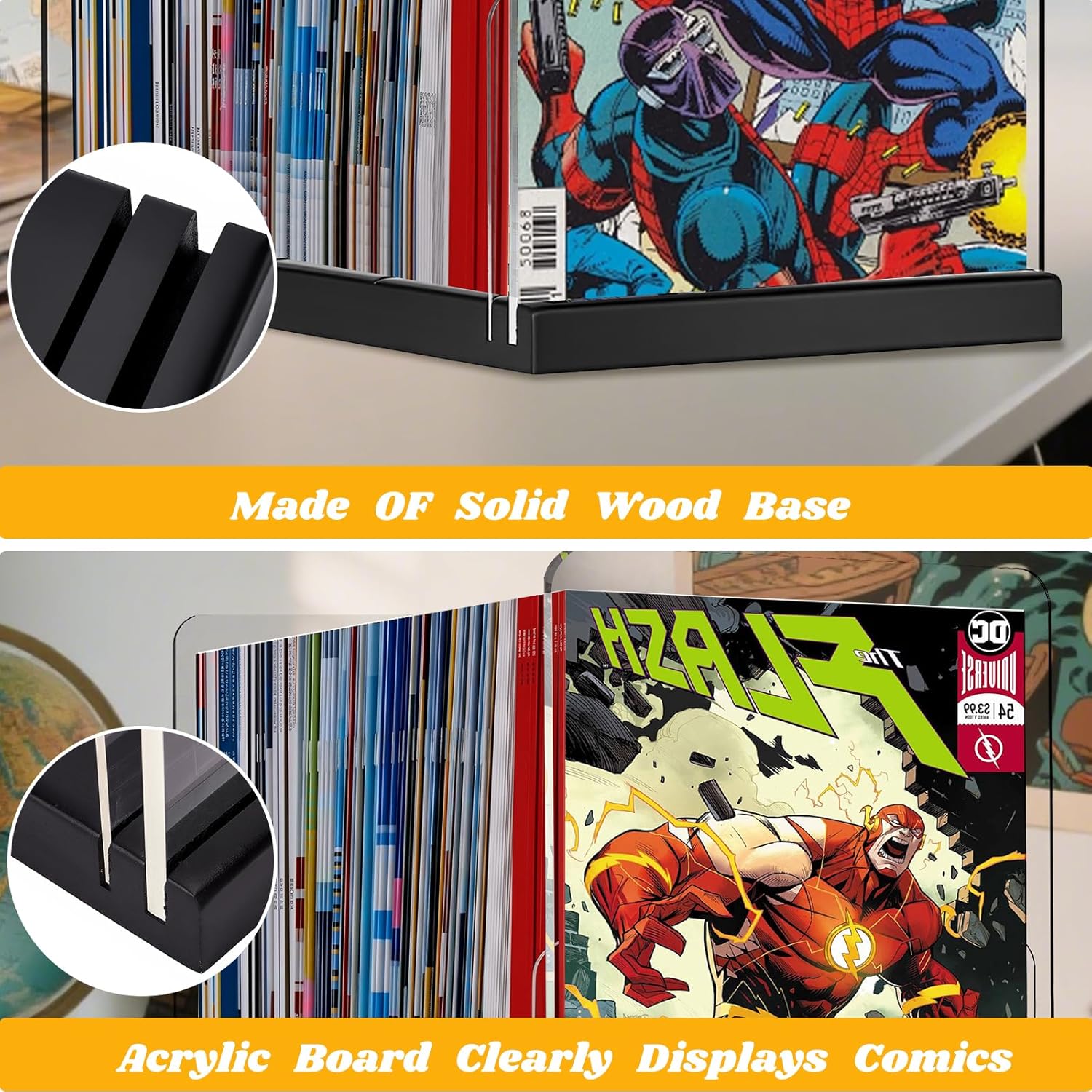 Comic Book Storage Holder，Wood Comic Book Case with three acrylic dividers，Acrylic Comics Book Box，Bin & Organizer，Stores Up To 150 Comics (Black)