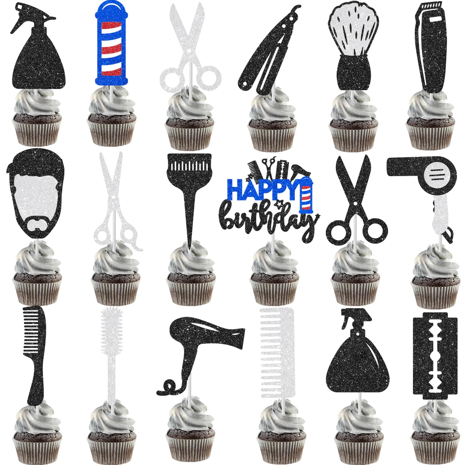Barber Cupcake Toppers 24PCS Barber Birthday Party Decorations Glitter Hairstylist Cake Decorations Haircut Hair Salon Party Decorations for
