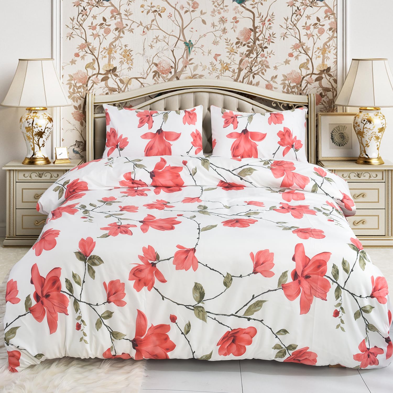 CHARKHAH 4 Piece Reversible Printed Bedding Set Includes 1 Duvet Cover, 1 Deep Fitted Sheet & 2 Pillowcases – Soft Microfibre Easy Care Quilt Cover Set for All Seasons (Spring Red, Single) — image 1