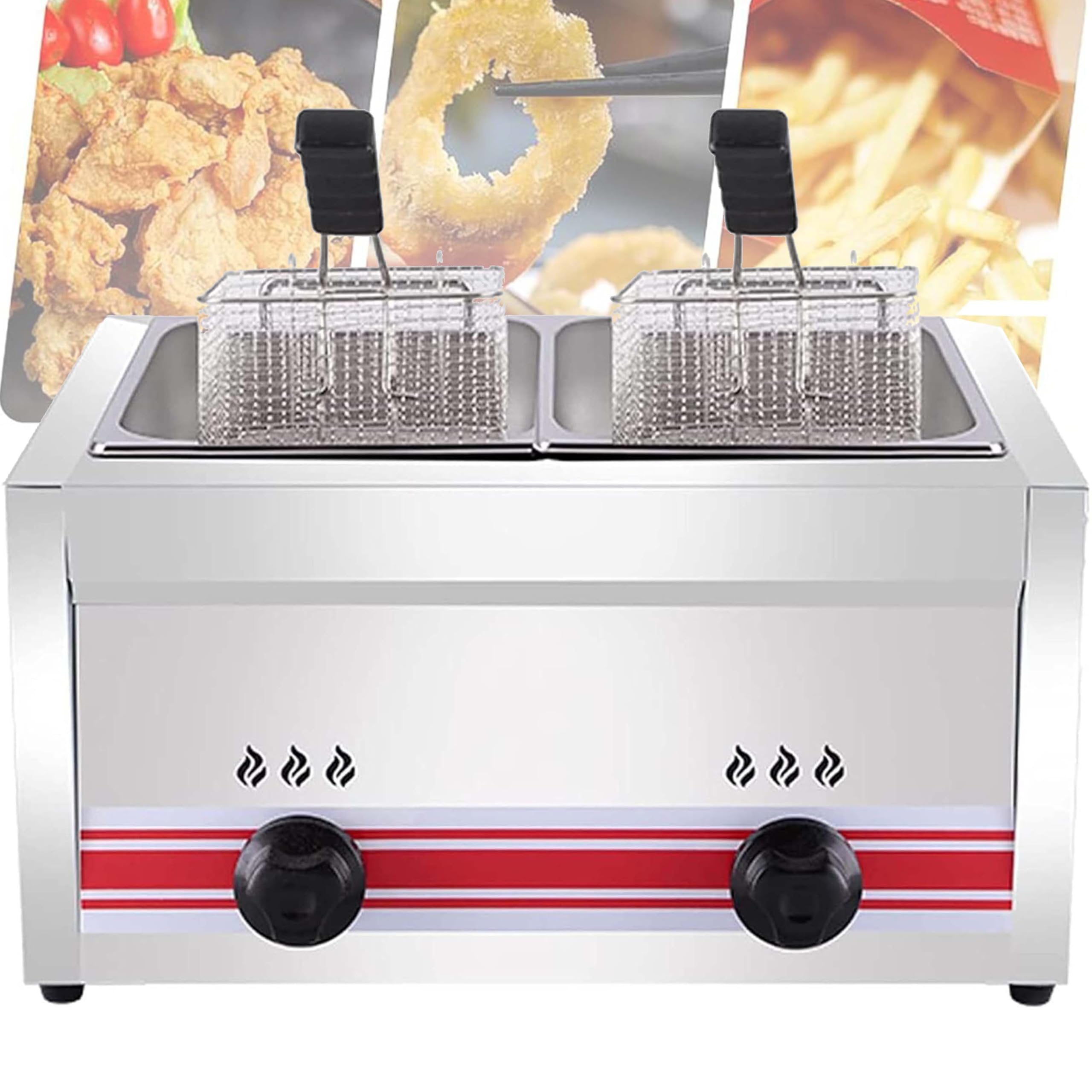 10L/20L/30L Professionnelle Friteuse à Gaz, Deep Fryer Friteuse à Gaz En Acier Inoxydable, Avec Paniers Et Couvercles, Pour Frites Beignets Poisson,Doublecylinder10L+10L