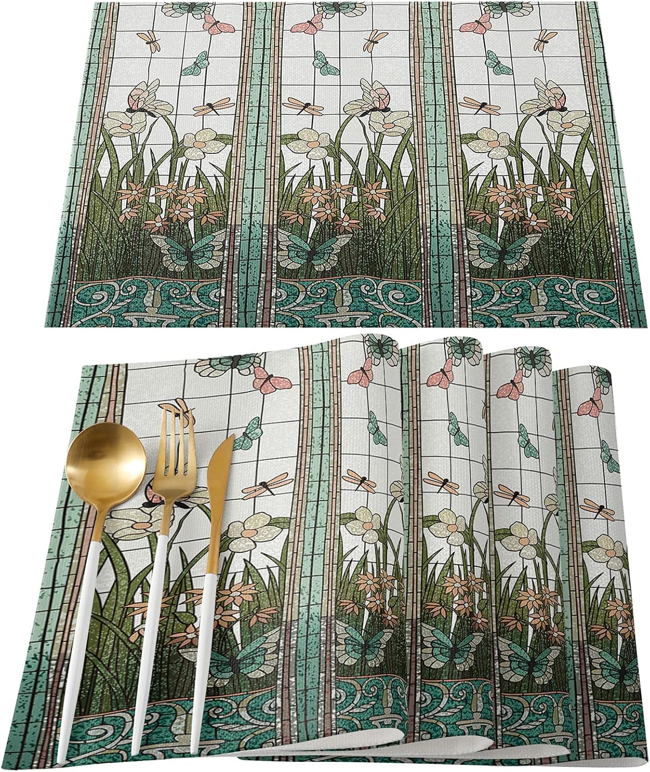 コットンリネン ランチョンマット おしゃれ 北欧 テーブルマット 綿 麻 プレースマット 撥水 防汚 丸洗い お手入れ 簡単 耐える 植物イラスト キッチンマット 摩擦 給食ナフキン トンボ 4枚セット 滑り止め 売却 食卓飾り 布 断熱 蝶 ステンドグラス