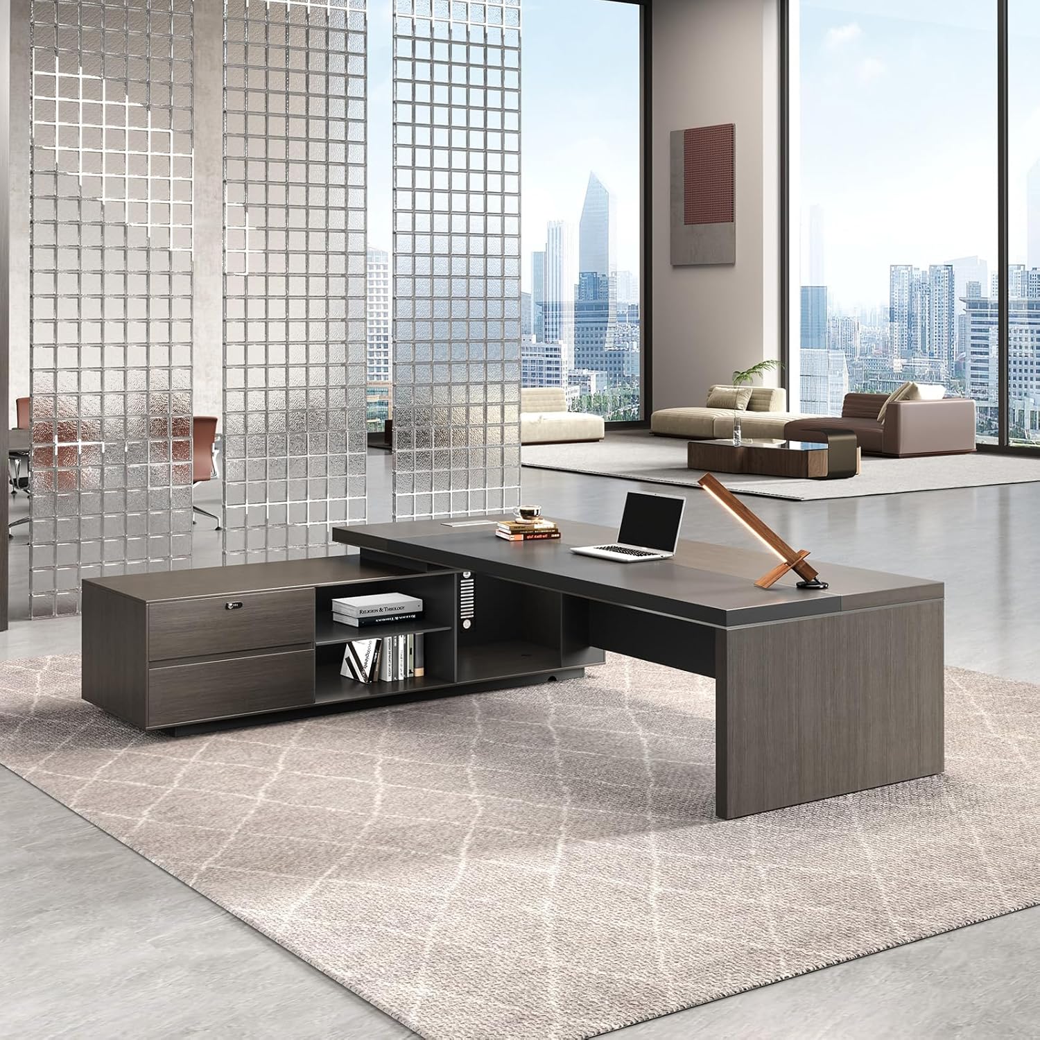 94" L-Shaped Executive Desk with Reversible Return, Built-In Power & Connectivity Hub, 3-Digit Locking Drawer, HDMI, RJ45 & Cable Management, Dual-Tone Office Desk in Obsidian Gray & Mocha Walnut