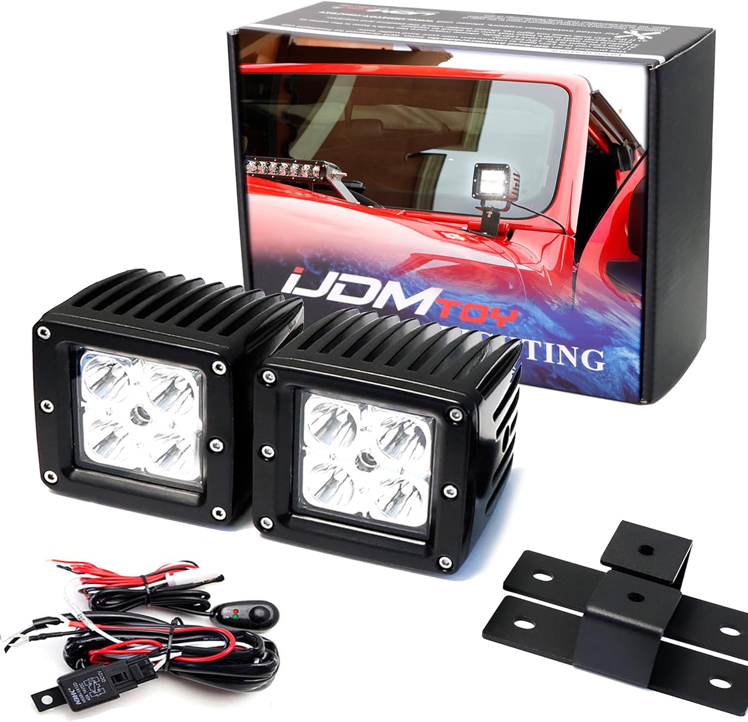 iJDMTOY A-Pillar LED Pod Light Kit Compatible with 2018-up Wrangler JL, Includes (2) 20W High Power LED Cubes, Windshield A-Pillar Mounting Brackets & On/Off Switch Wiring Kit
