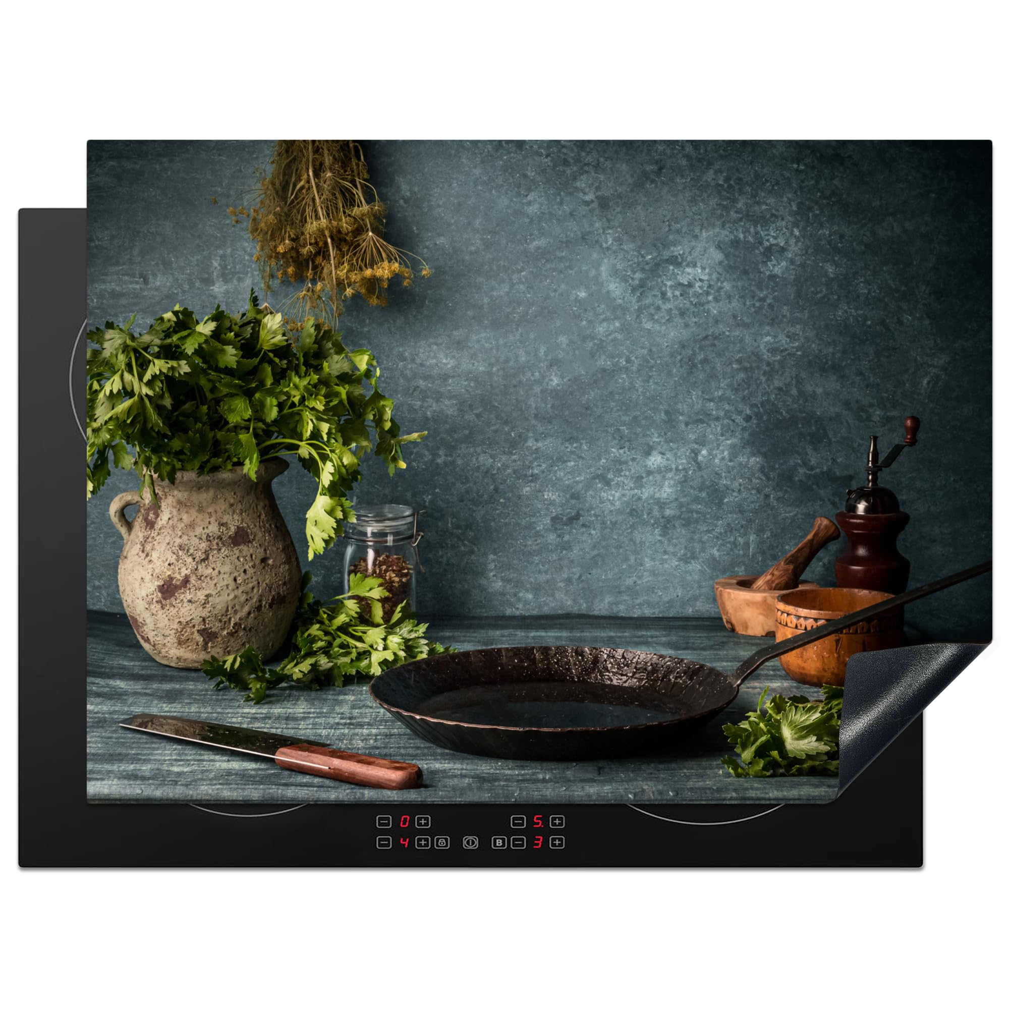 KitchenYeah© Induction Hob Protector Mat 20.5"x28" / 71x52 cm Cooker Top Protectors Cover Ceramic Covers Electric Hobs Vinyl Herbs - Spices - Pan - Knife - Grey - Rustic