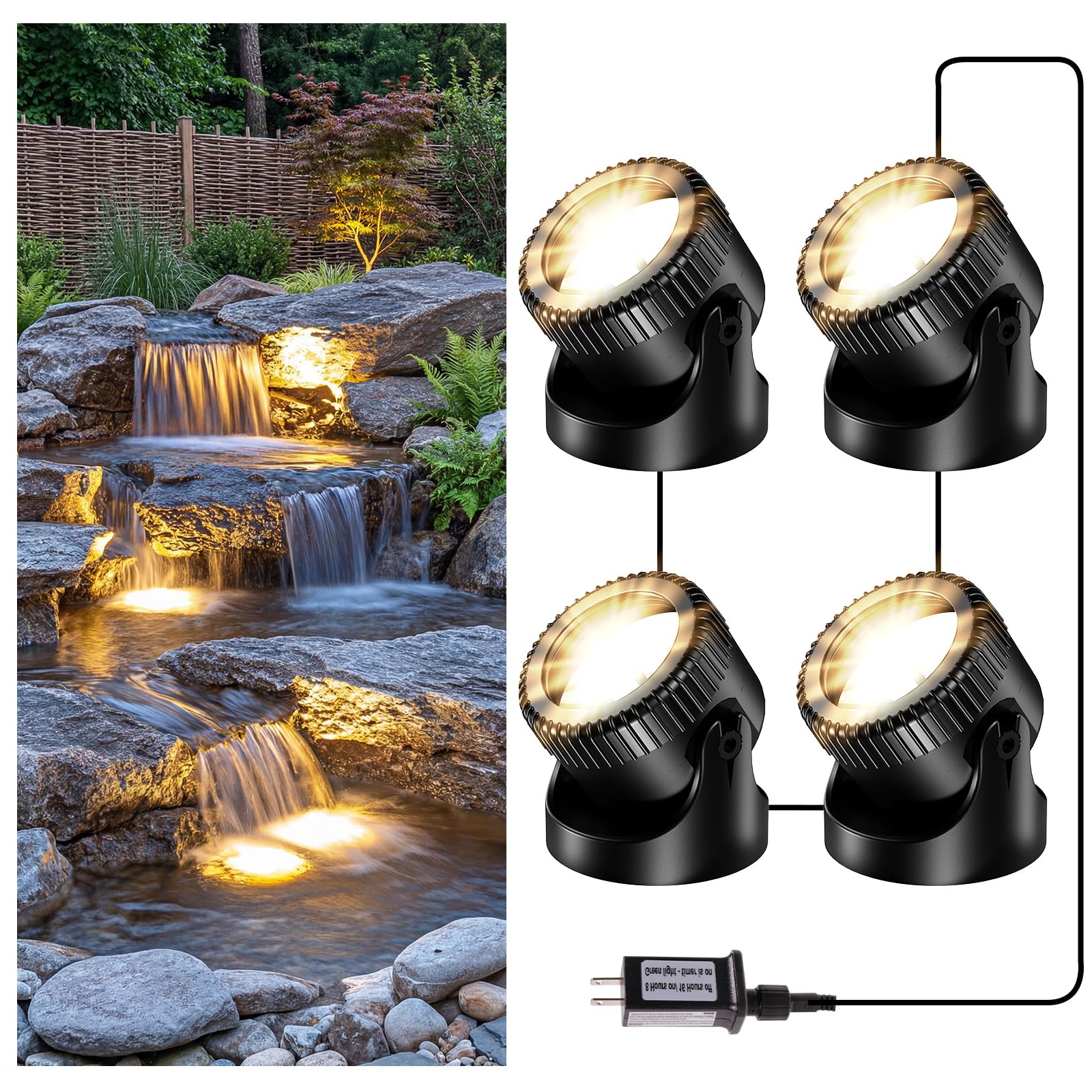 POPOSOAP Luces de estanque 4 en 1 blanco cálido, luces subacuáticas para estanque con temporizador/IP68 impermeables sumergibles LED para estanque, fuente de cascada, acuario, jardín, patio, piscina