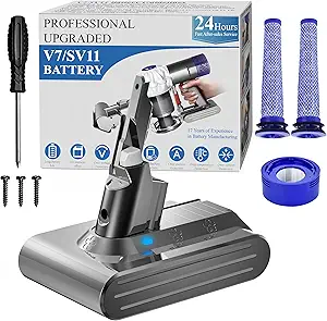 Professional 8500mAh V7 Animal Battery Replacement for Dyson SV11 V7 Motorhead Animal Trigger HEPA Car+Boat Absolute Handheld/Stick Vacuum Cleaners 3 Filters and 3 Screws Included