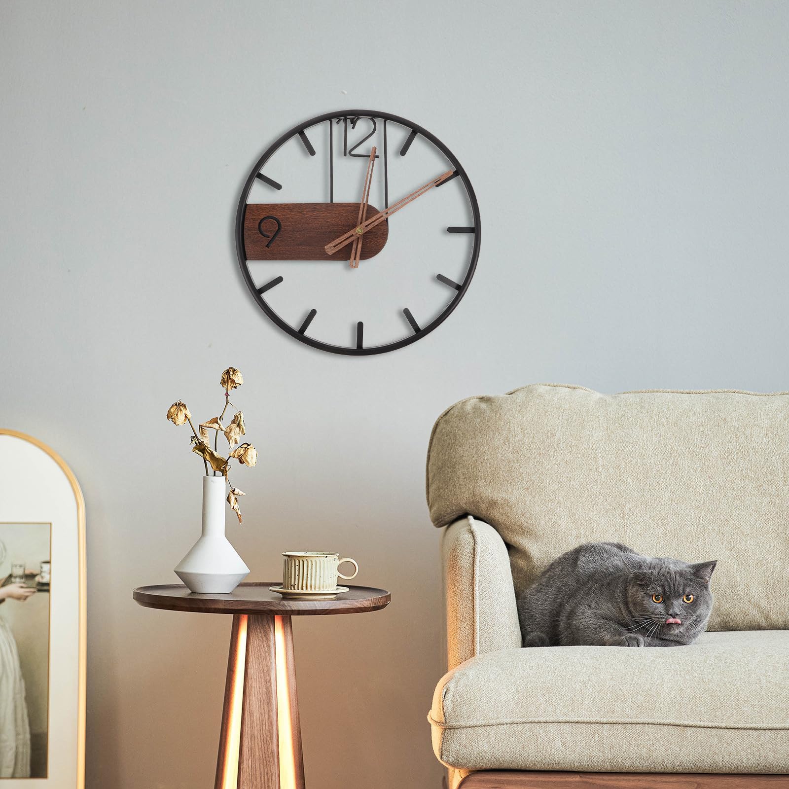 SHINEOFI Orologio da Parete Silenzioso Nero 40cm in Ferro e Legno | Design Minimal Creativo, per Soggiorno e Arredo Casa, Meccanismo Preciso ad Alta Accuratezza