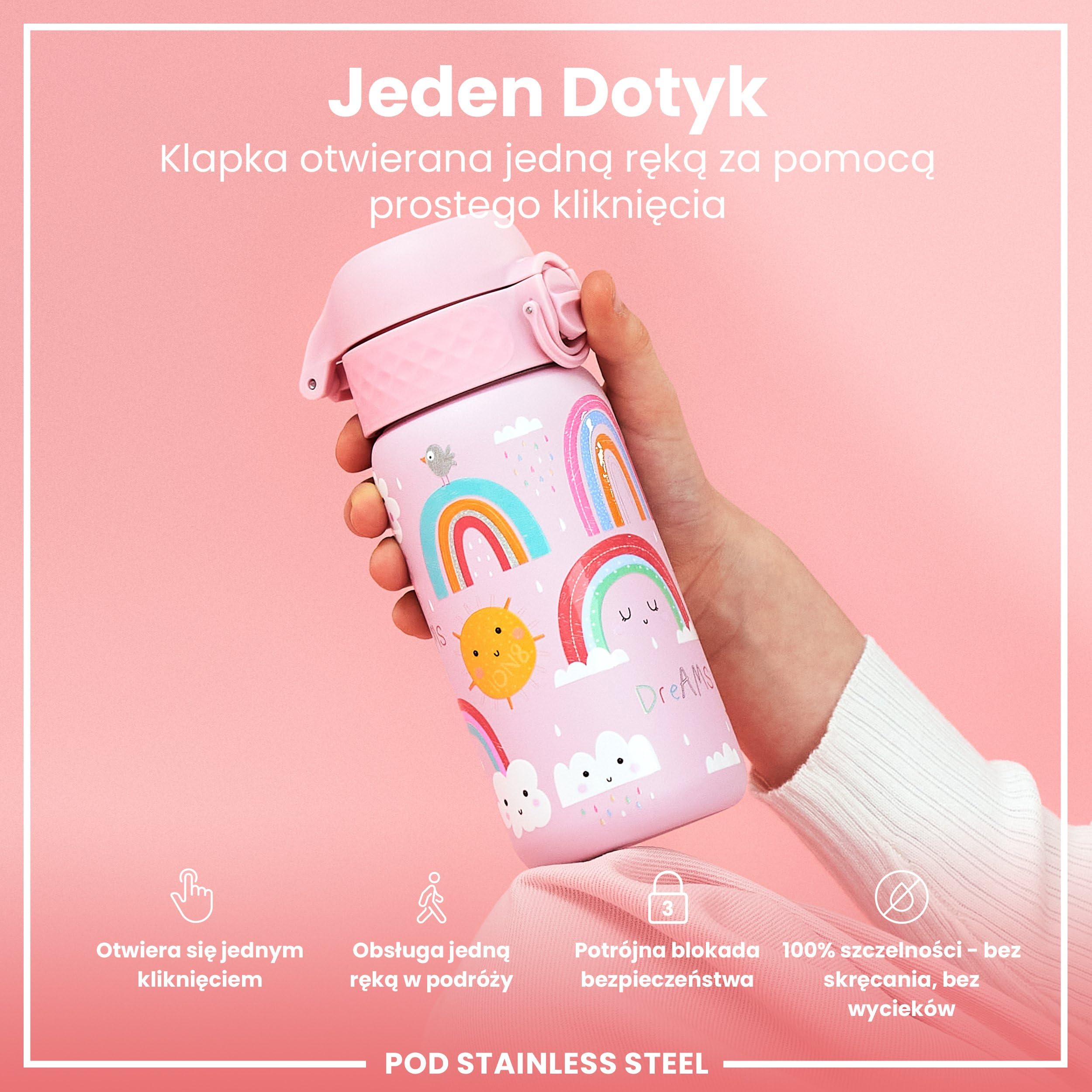 ION8 Butelka na Wodę dla Dzieci ze Lekki Stali, 400 ml/13 oz, Nieocieplany, Szczelna, Łatwa do Otwarcia, Bezpieczny Zamek, Można Myć w Zmywarce, Składany Uchwyt, Łatwa w Czyszczeniu, Tęcze