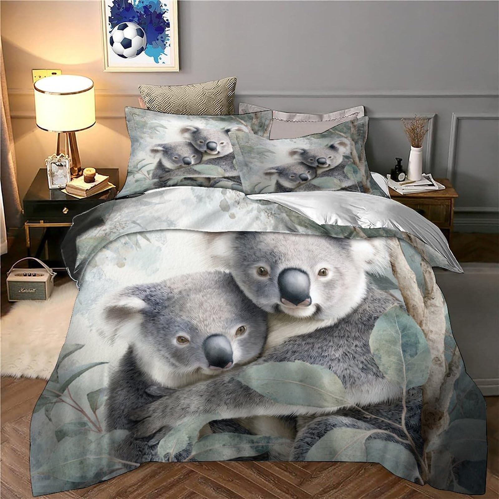 Koala-Pärchen 3D-Druck 3er-Set Bettbezug Illustrationsstil für Natur Bettdeckenbezug Mikrofaser Reißverschluss Staubmilbenfest für Jugendliche Kinder Frauen Super King（260x220cm）